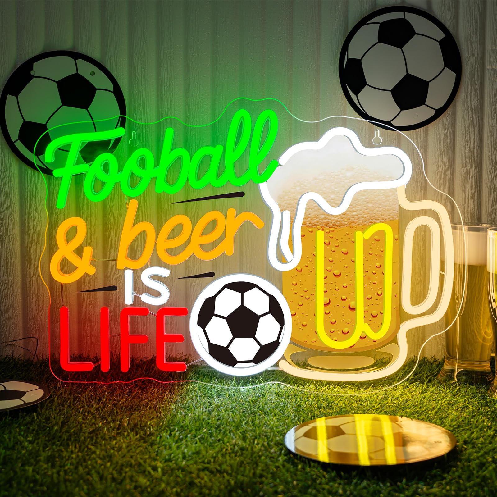 Football Beer LED Neon Sign Beer Mug Light Up for Bar Party Wall Decoration