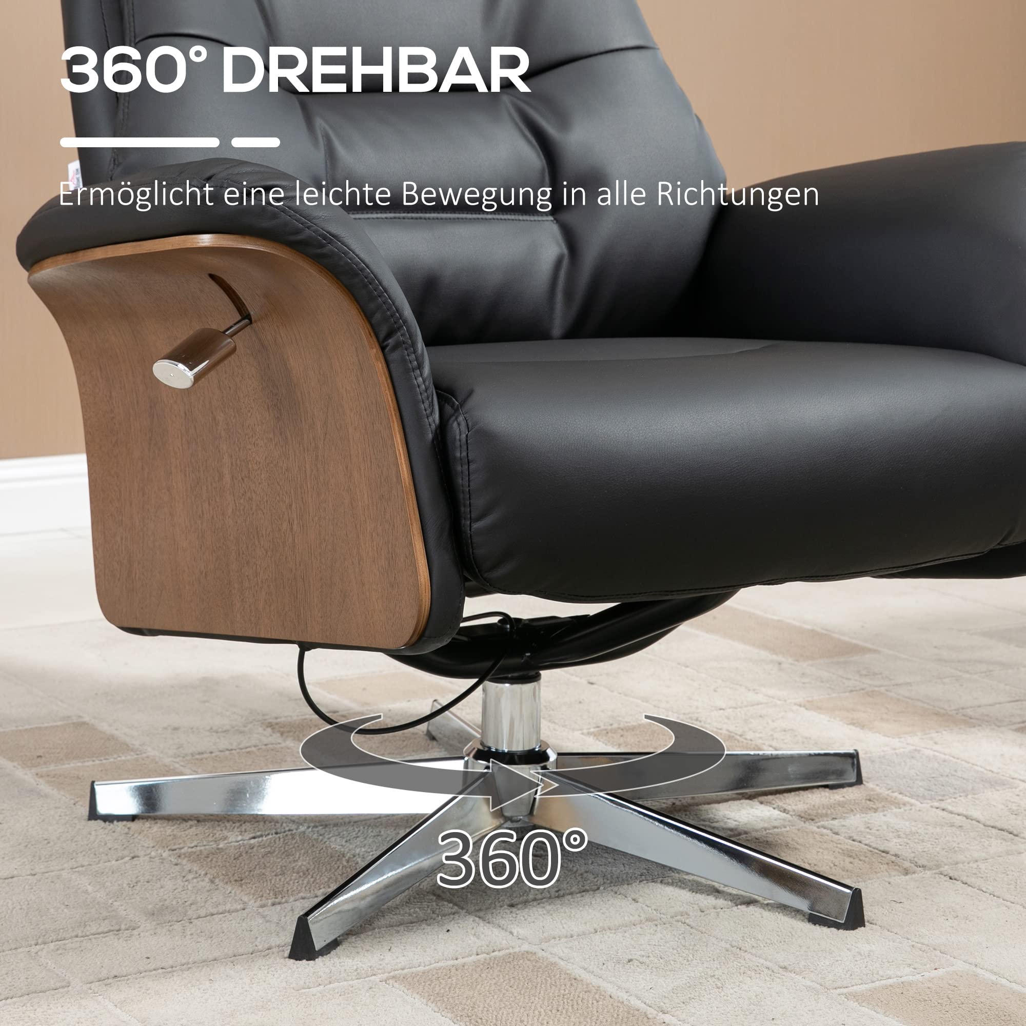 HOMCOM Relaxsessel mit Hocker, Fernsehsessel mit Liegefunktion, verstellbare Kopfstütze, Drehbar, bis 150 kg, Kunstleder, Schwarz