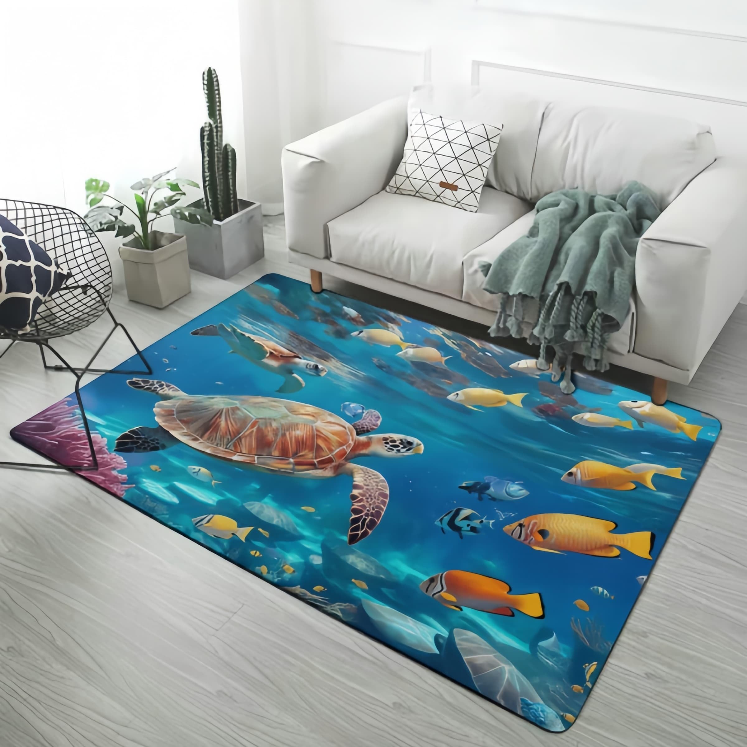 Unterwasserwelt Teppich, Heimdekoration Ozean Korallenriff Schildkröte Delfin Hai Druck 3D Teppich Wohnzimmer Blau Spielmatte für Jungen Mädchen, Teppich für Kinderzimmer, 160x200 cm, Color 1