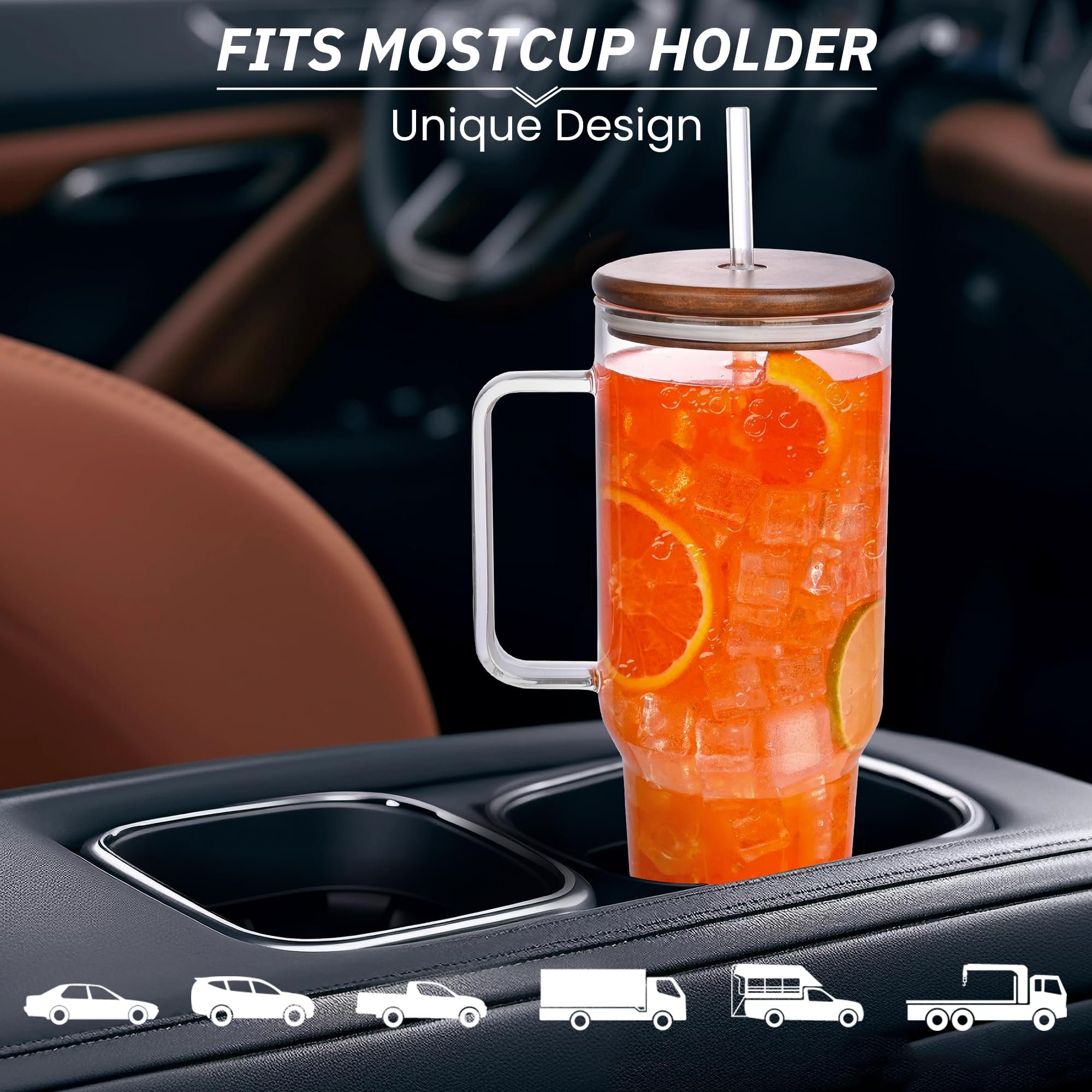 Tazza in vetro da 1,4 l con coperchio in legno di acacia e cannucce, grande bicchiere con manico e cannucce, bottiglia d'acqua a bocca larga, tazze da caffè ghiacciato, tazza da viaggio per acqua