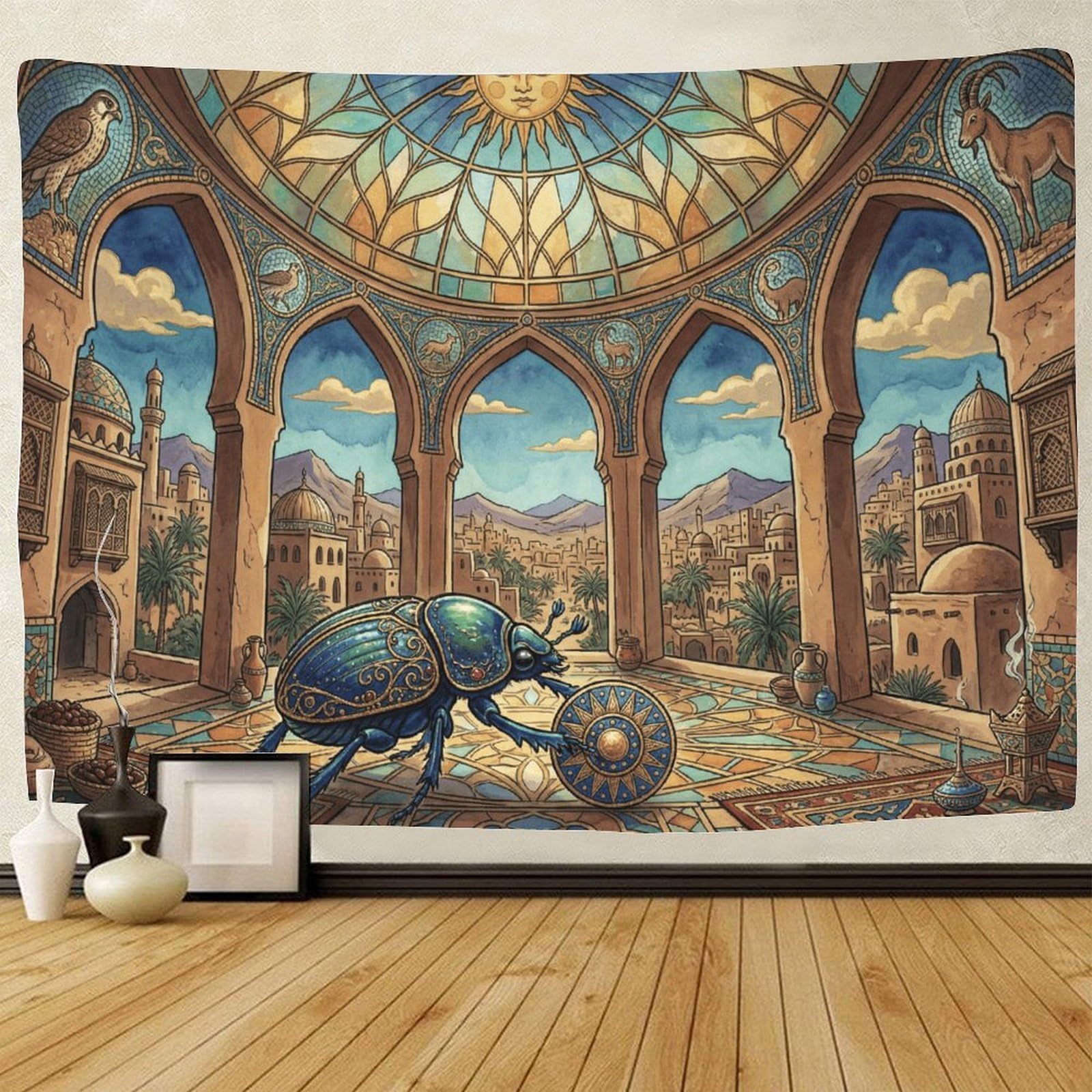 GPMNBCXZK Egyptian Scarab 3D Printed Cityscape Bedroom Wall Hanging Home Decor Tapestry 100cmx150cm