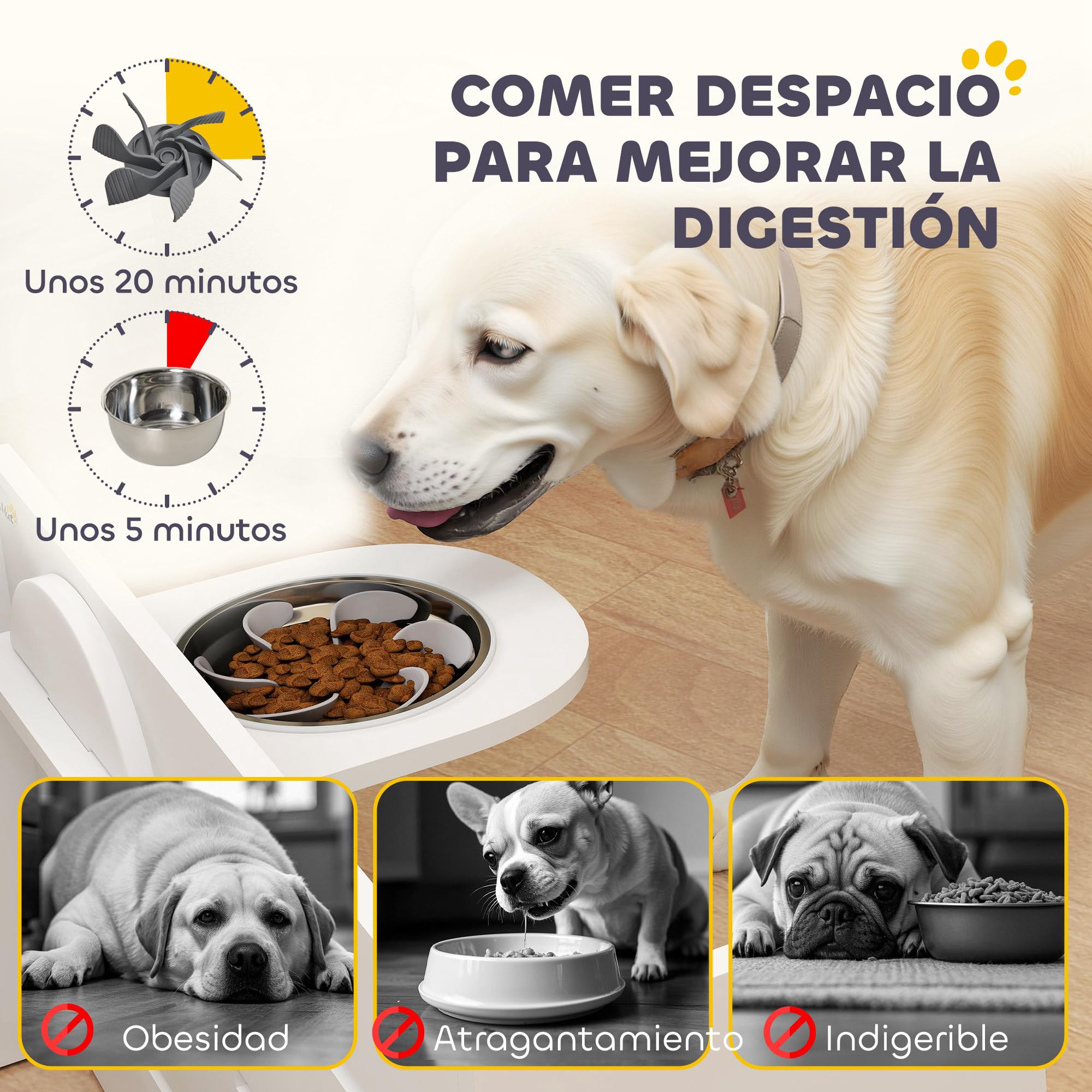 PawHut Comedero Perros Elevado 3 Alturas Ajustables para Perros Blanco | Cuencos 2x1 L, 1 Alfombrilla Antivoracidad, Comedero para Perros Pequeños Medianos y Grandes