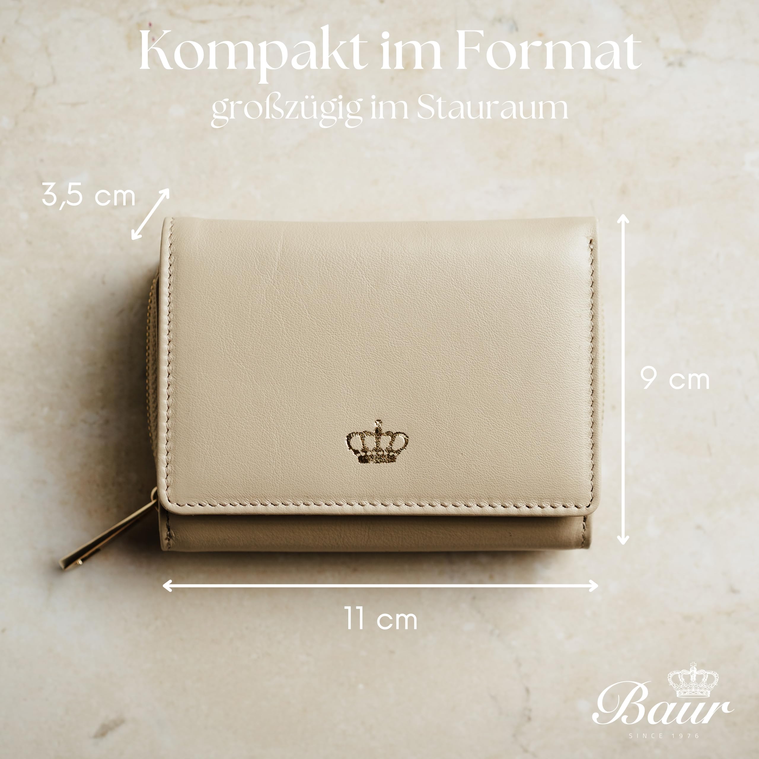 Baur Damen Geldbörse – Echtes Nappaleder mit RFID-Schutz – Portemonnaie mit Druckknopfverschluss, 6 Kartenfächern und Münzfach mit Metall-Reißverschluss (Creme, Gold Reißverschluss)