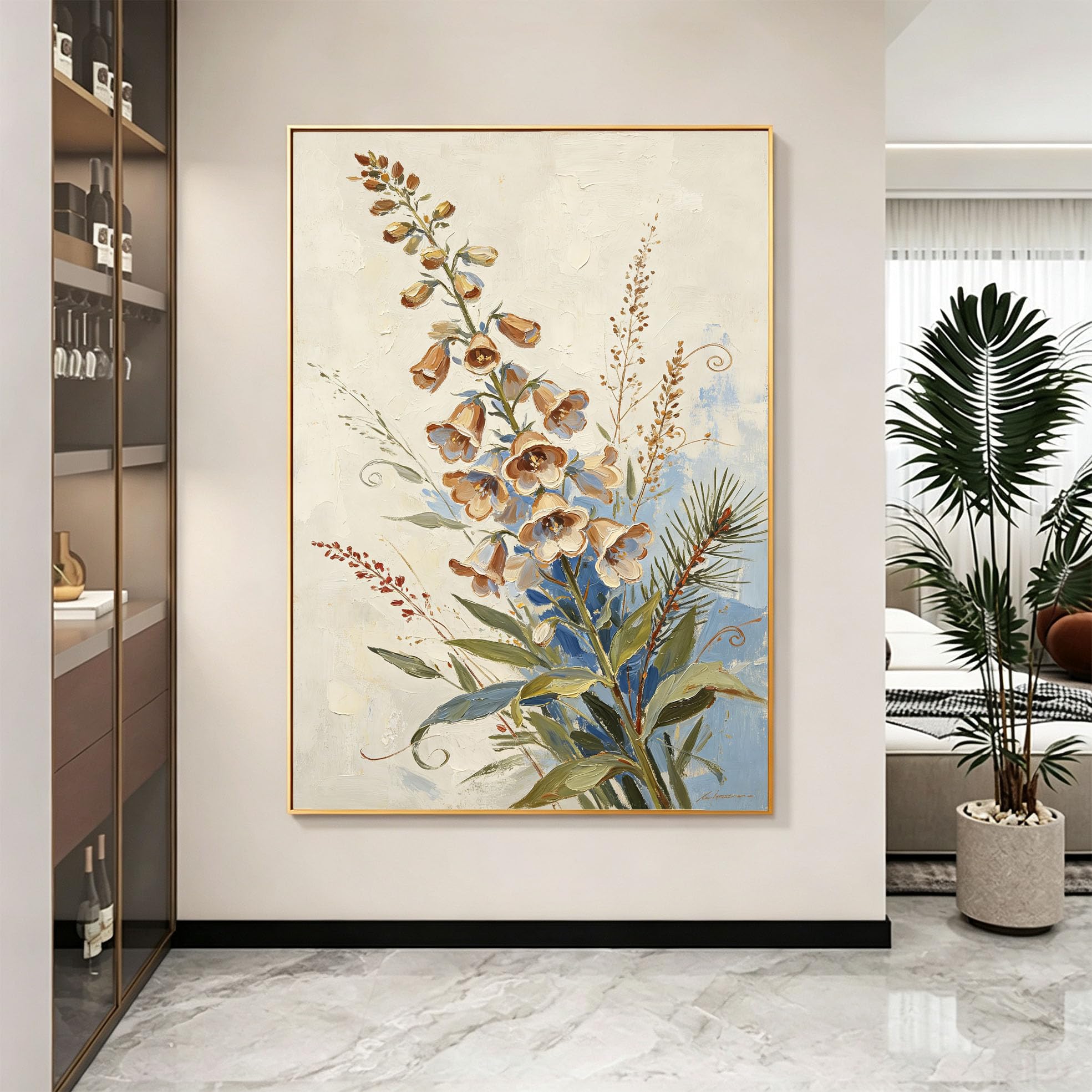 Wandbild Glockenblume Großes Leinwand Ölgemälde 100% Handgemaltes Blumen Ölgemälde Rahmenlos Ästhetisches Botanisches Kunstwerk Für Wohnzimmer Schlafzimmer 110X180Cm (43,3X70,8 Zoll)
