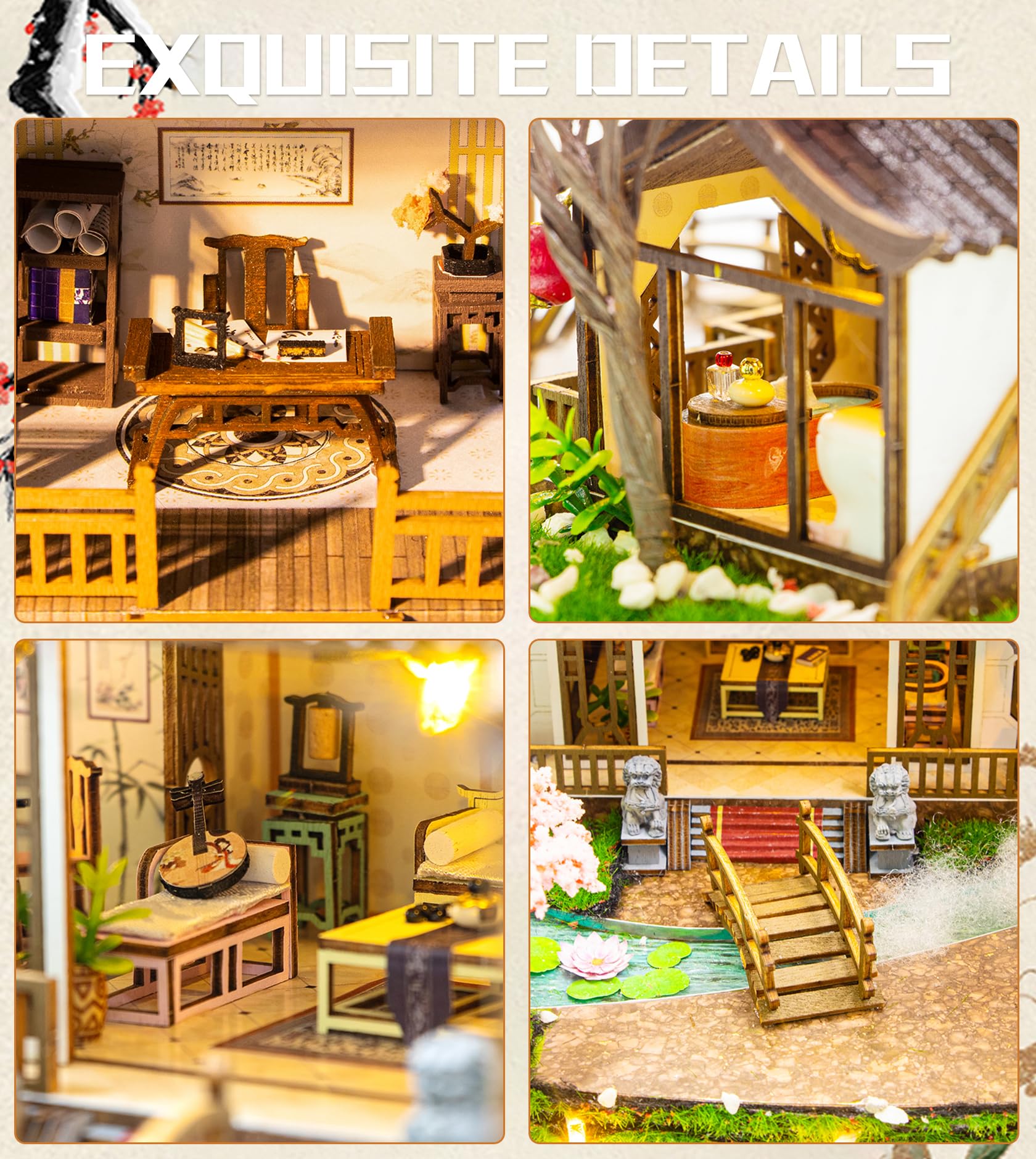 Roroom Miniatur Haus, Sakura Garten Puppenhaus aus Holz | mit warmem LED-Licht und Musikbox, 3D Holzpuzzle Bastelset für Zimmer Deko, kreatives Geschenk für Bastelfans