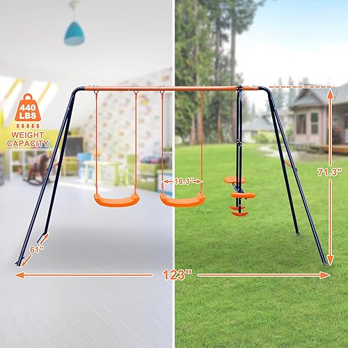 Miniatura 9 de Smartxchoices Juego de columpio de metal con 2 columpios de cinturón, 1 juego de balancín, juego de metal resistente con marco en A para jardín,