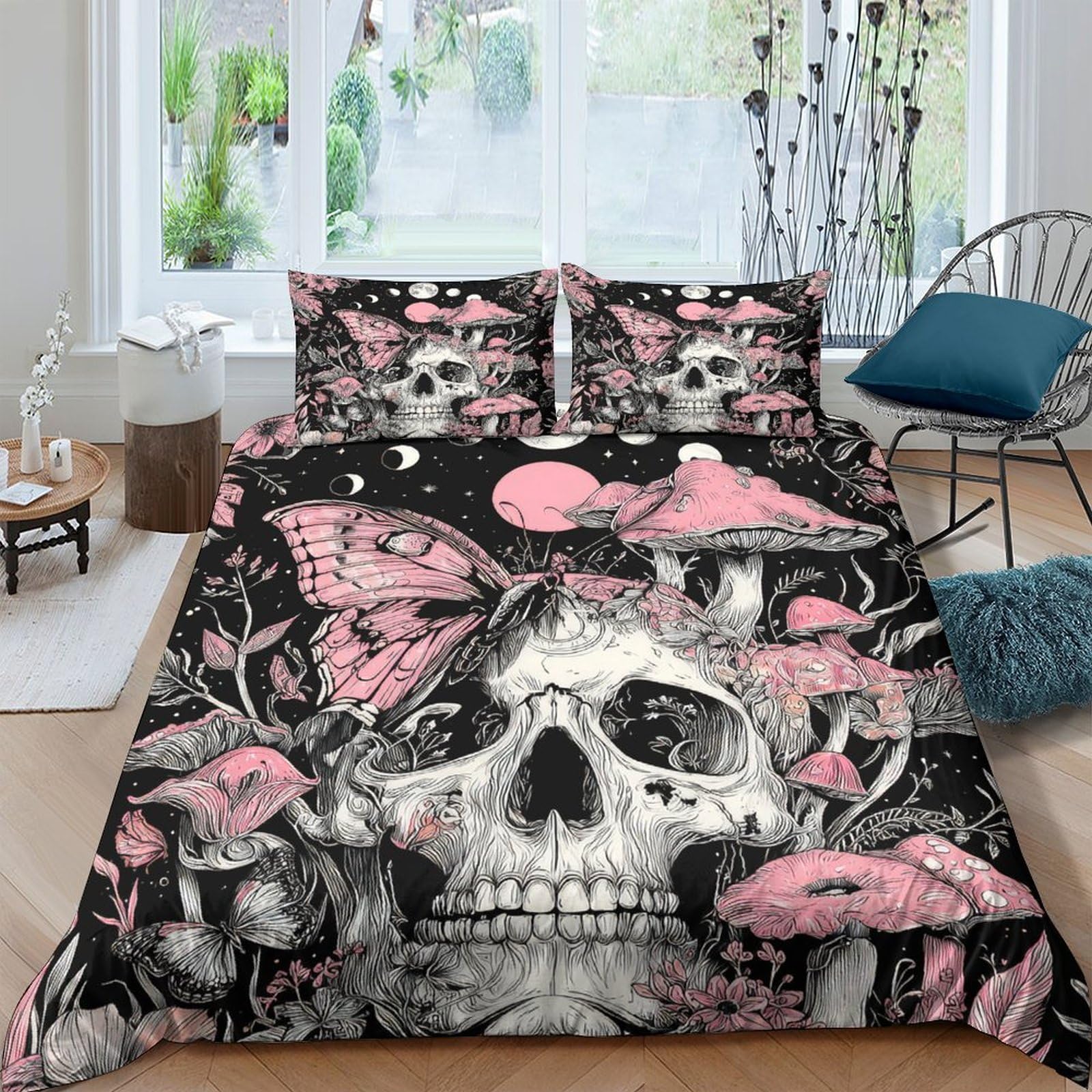 Ctjqhvkz Style-6 3D Printed Skull Butterfly Fitted Sheet Microfiber Soft Black Pink Mushroom Bed Cover For Bedroom Guest Room Decor Single（135X200cm）