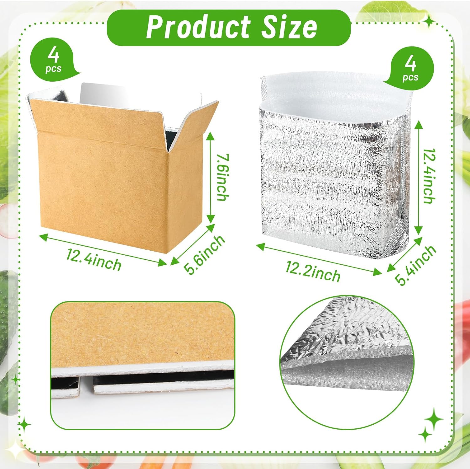 Convivium 4 Pack Insulated Shipping Boxes with Foil Liner Bags, Reusable Thermal Cooler Mailing Cartons for Cold Pack Shipping, Hot & Frozen Food Delivery, 12''x5.5''x7.5''