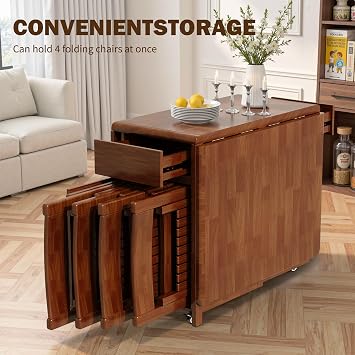 Solid Wood Folding Dining Table with Storage, Space Saving Black Drop Leaf Kitchen Table on Wheels, Extendable Dinner Table Set for 4-6, Fully Assembled (Walnut, Only 150cm Table)