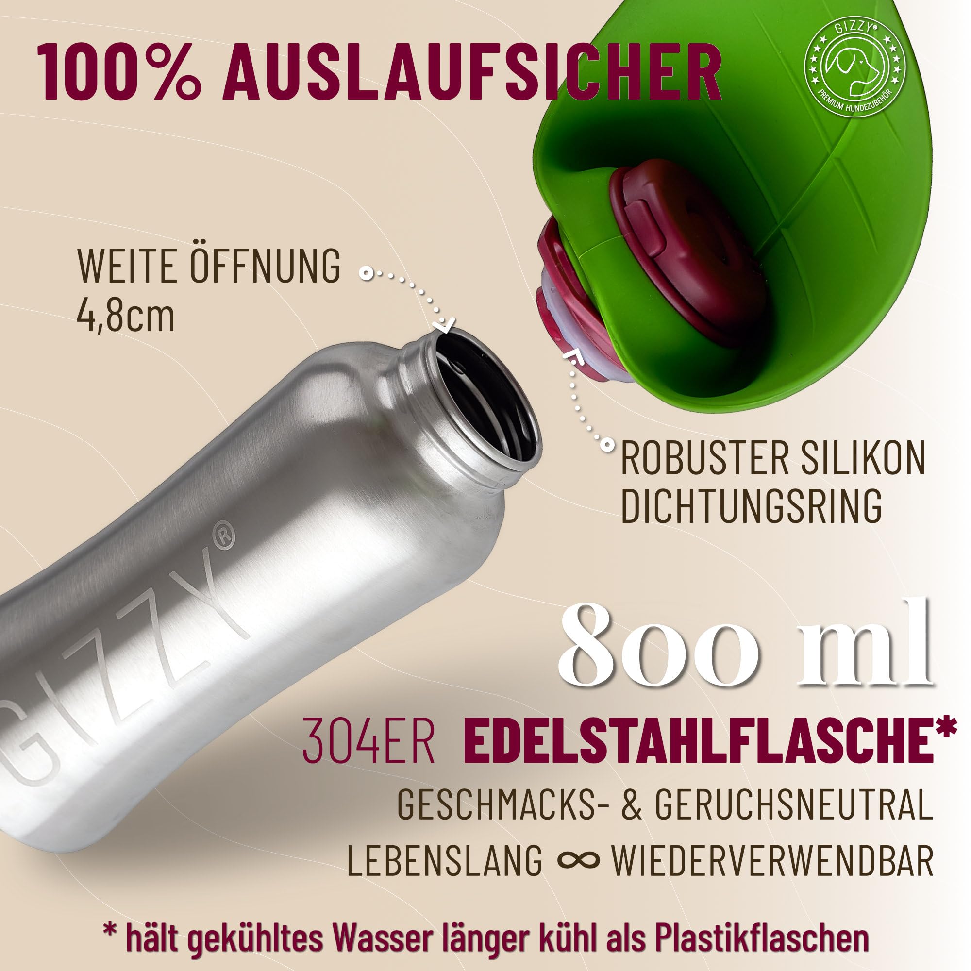 GIZZY® Trinkflasche Hunde für unterwegs - auslaufsicher & robust aus Edelstahl, in 2 Größen inkl. weichem Hundehandtuch | Trinkflasche Hund I Hundetrinkflasche für unterwegs für alle Hunde
