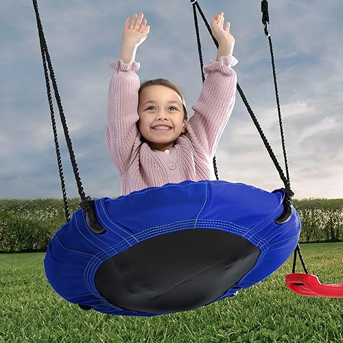 Miniatura 9 de Delta Children FunZone - Juego de columpios de metal para exteriores de 4 piezas, incluye 2 columpios, 1 discoplatillo oscilante y tobogán, azulrojo