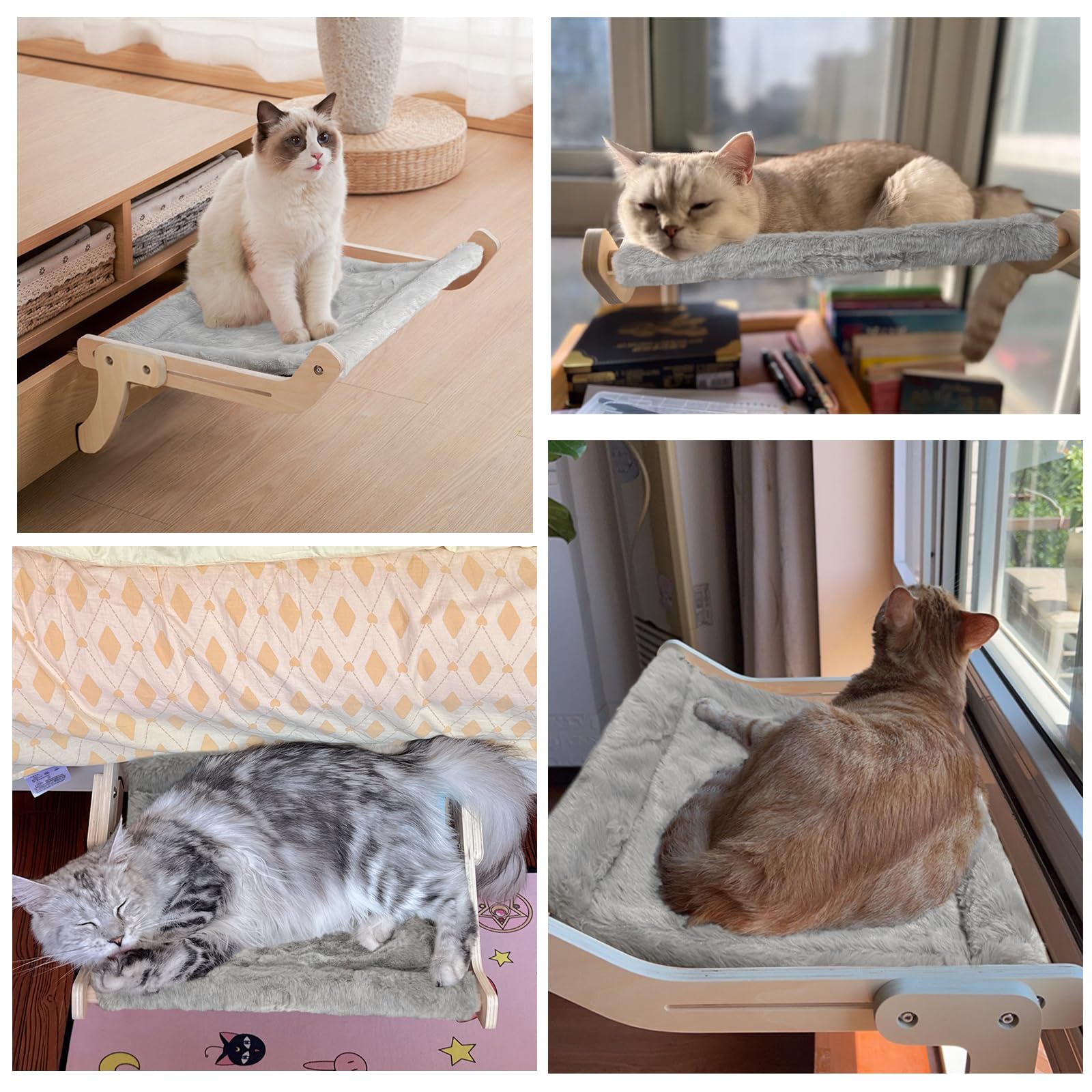 TOTHDATE Cat Window Seat for Indoor Cats Wooden Cat Window Perch Frame Large Cat Window Hammock for Window Sills Bedsides Balcony Grey Plush - Image 3