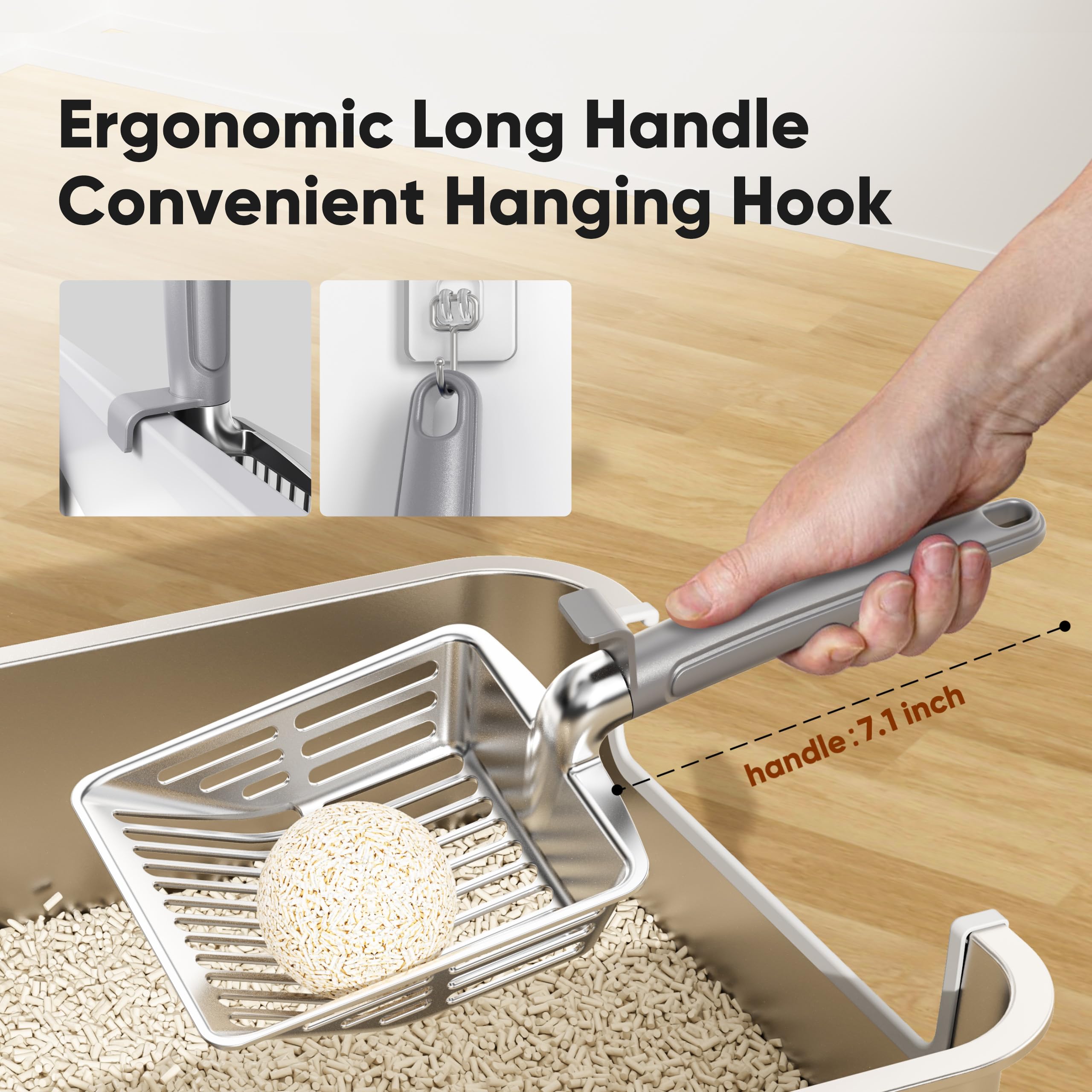 KooMooM Metal Cat Litter Scoop, Large Cat Scooper with Deep Shovel & Dual Sifting Holes for Fast & Precise Sifting, Space Aluminum Kitty Litter Scooper with Long Handle & Easy-to-Hang Hook - Grey - image 6