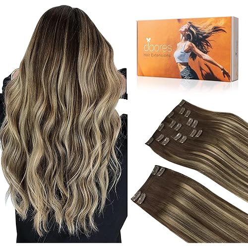DOORES Human Hair Extensions Clip in, Balayage Chocolate Brown to Honey Blonde, 150g 9pcs 20 Inch, Remy Thick Hair Extensions