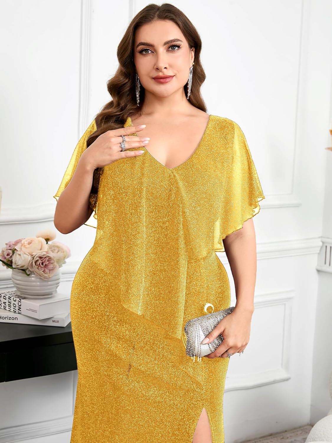 Plus Size Formal Maxi Dress Sparkly Asymmetric Cape V-Neck Mermaid Side Split Cocktail Wedding Guest Evening - Image 3