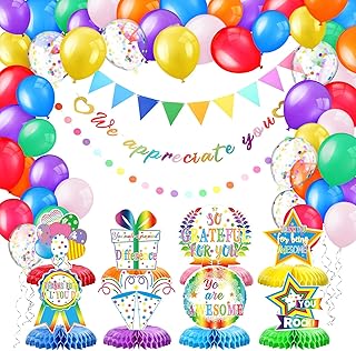 We Appreciate You Decorations Employee Appreciation Thank You Banner Triangle Flag Heart Banner 3D Table Honeycomb Centerpieces Balloons for Farewell Retirement Going Away Party(Multicolor)