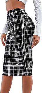 شي ان جيبة ضيقة كاروهات بخصر مطاطي بطول الركبة للنساء - اسود، S