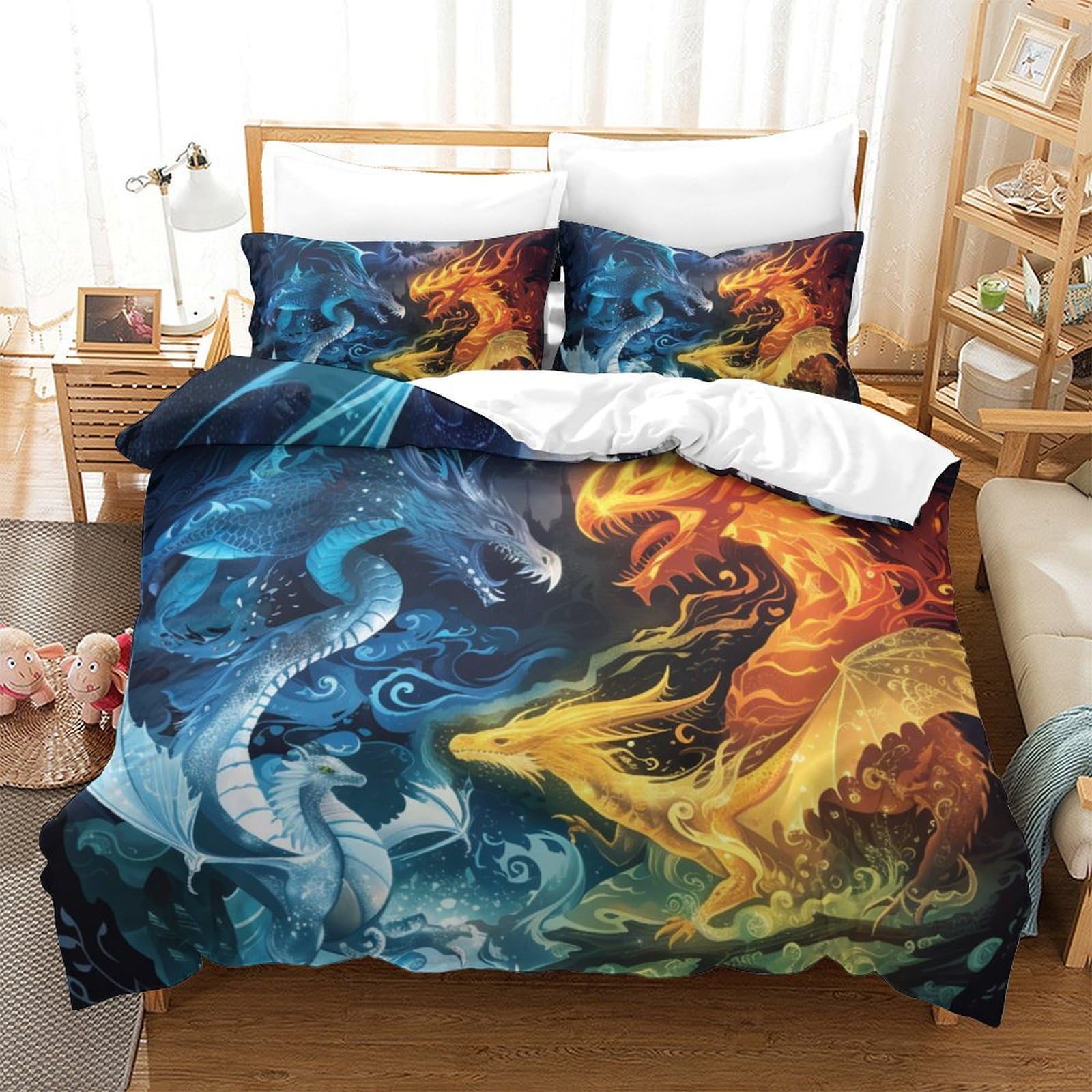 Housse de couette dragon respirante et super douce en microfibre 3D 3 pièces 260x220