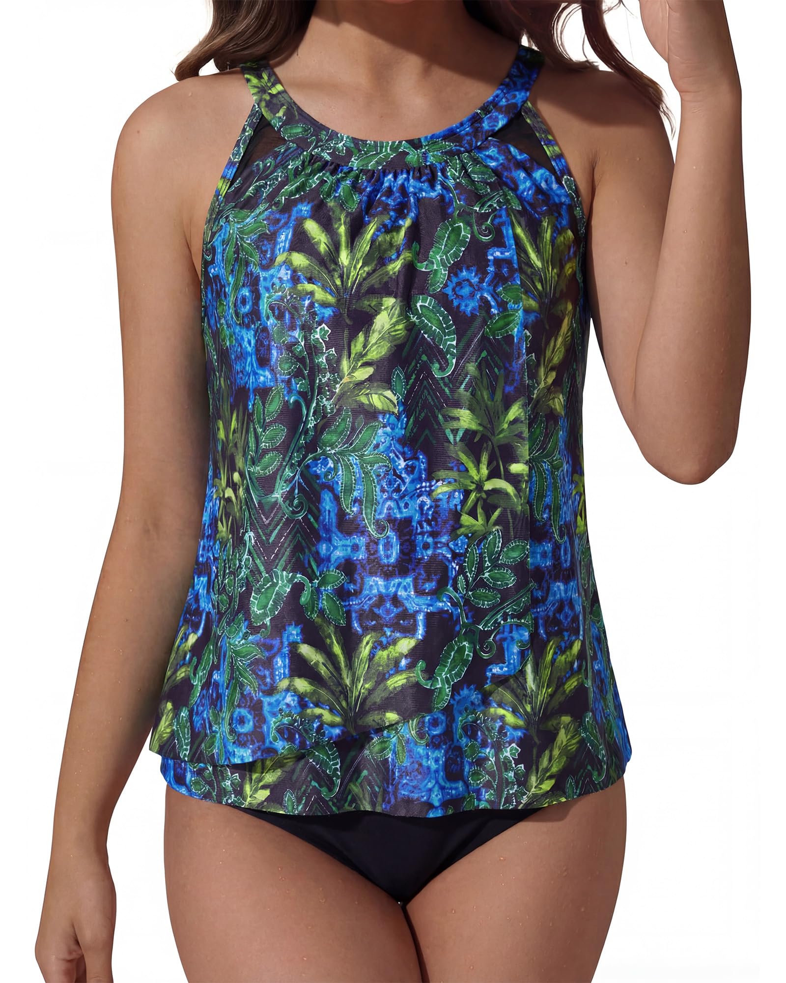 SUUKSESS Women Tummy Control Tankini Bathing Suit Ruffle High Waisted Swimsuit