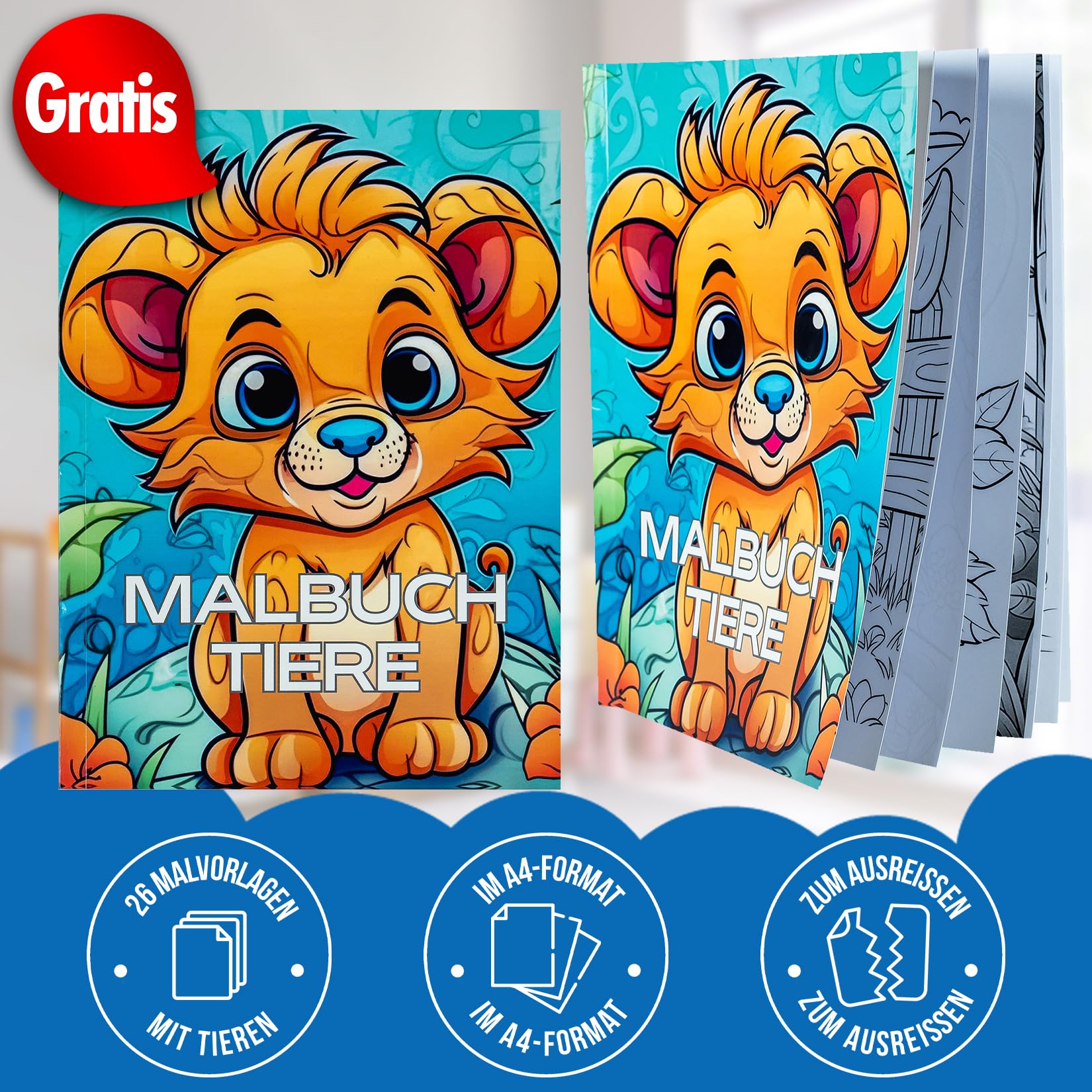 Bilderrahmen aus hochwertigem Holz für kinderzeichnungen A4 - Aufklappbar wechselbilderrahmen - mit Malbuch von Tieren (Schwarz)