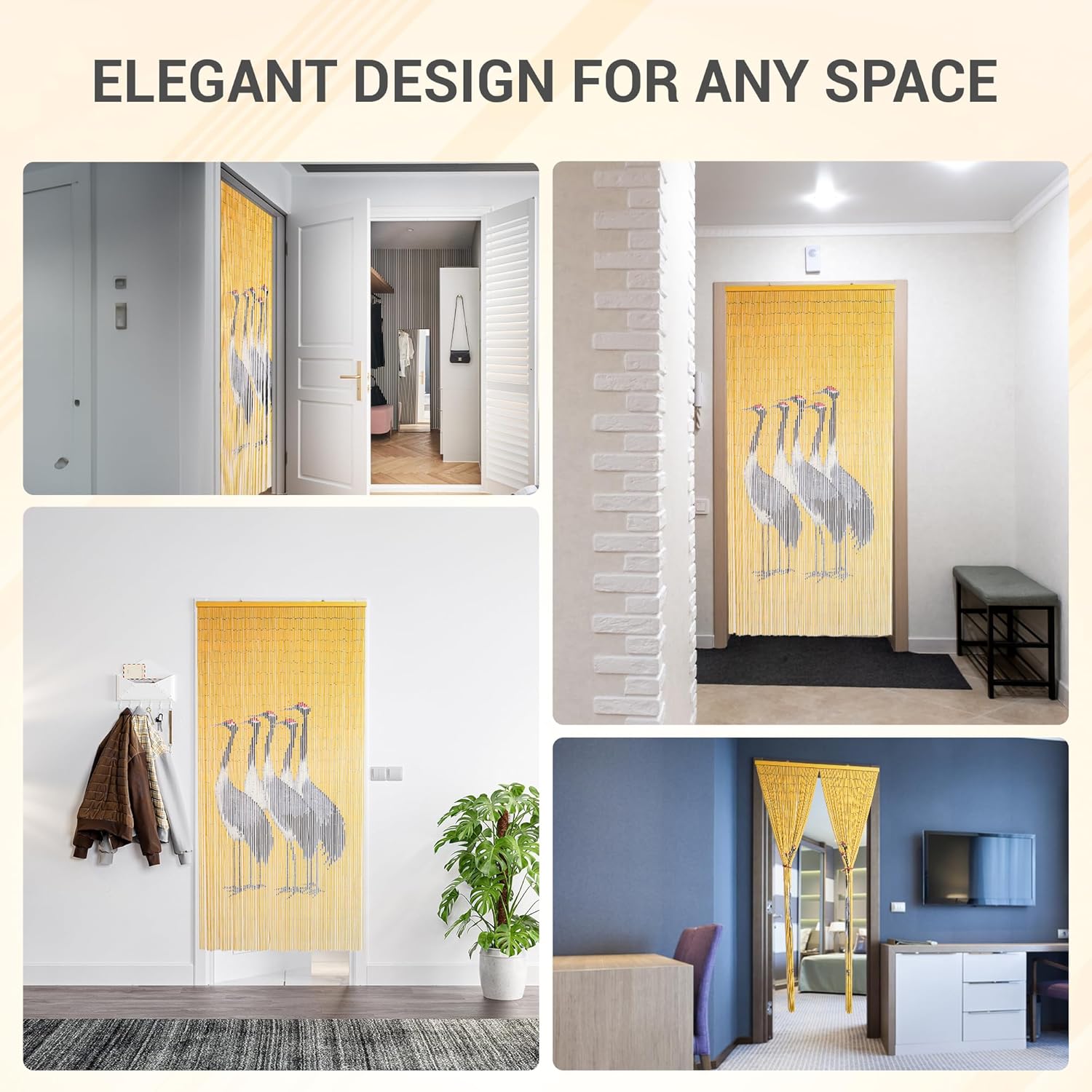 Five Cranes Beaded Bamboo Curtain 35.4" x 78.7" - 90-Strand Beaded Curtain for Doorways, Closets & Boho Room Divider Wall Décor - Natural Movement, Easy Fit & Hanging Hook Included