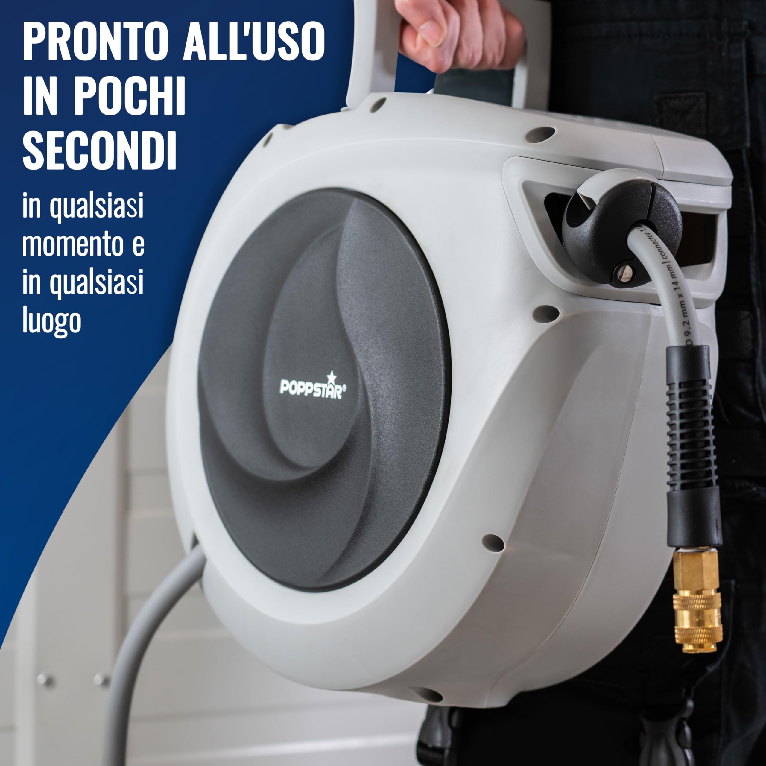 Poppstar Avvolgitubo per tubi ad aria compressa (15m+1,1m, diametro 3/8" (9,2x14mm)), attacco rapido 1/4" BSPT, avvolgitubo con tubo PVC ibrido