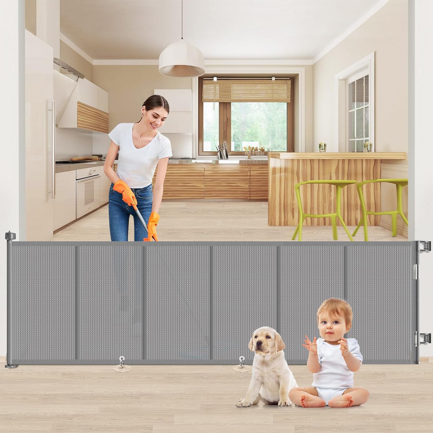 Upgrade 120 inch Retractable Baby Gates, EZIGO Extra Wide Baby Gate for Large Opening Extra Long Mesh Gate for Kids or Pet Dog Gate Child Safety Gate for Stairs Hallways Doorway Indoor Outdoor, Gray Gray 34'' X 120''