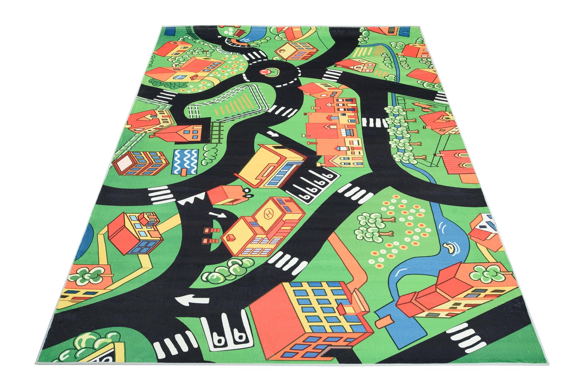 TAPISO Flannel Tapis Chambre Enfant Bébé Fille Garçon Antidérapant Lavable Vert Noir Rouge Tapis de Jeux Voiture Circuit Route Ville Poils Ras Oeko-TEX Résistant 120 x 170 cm