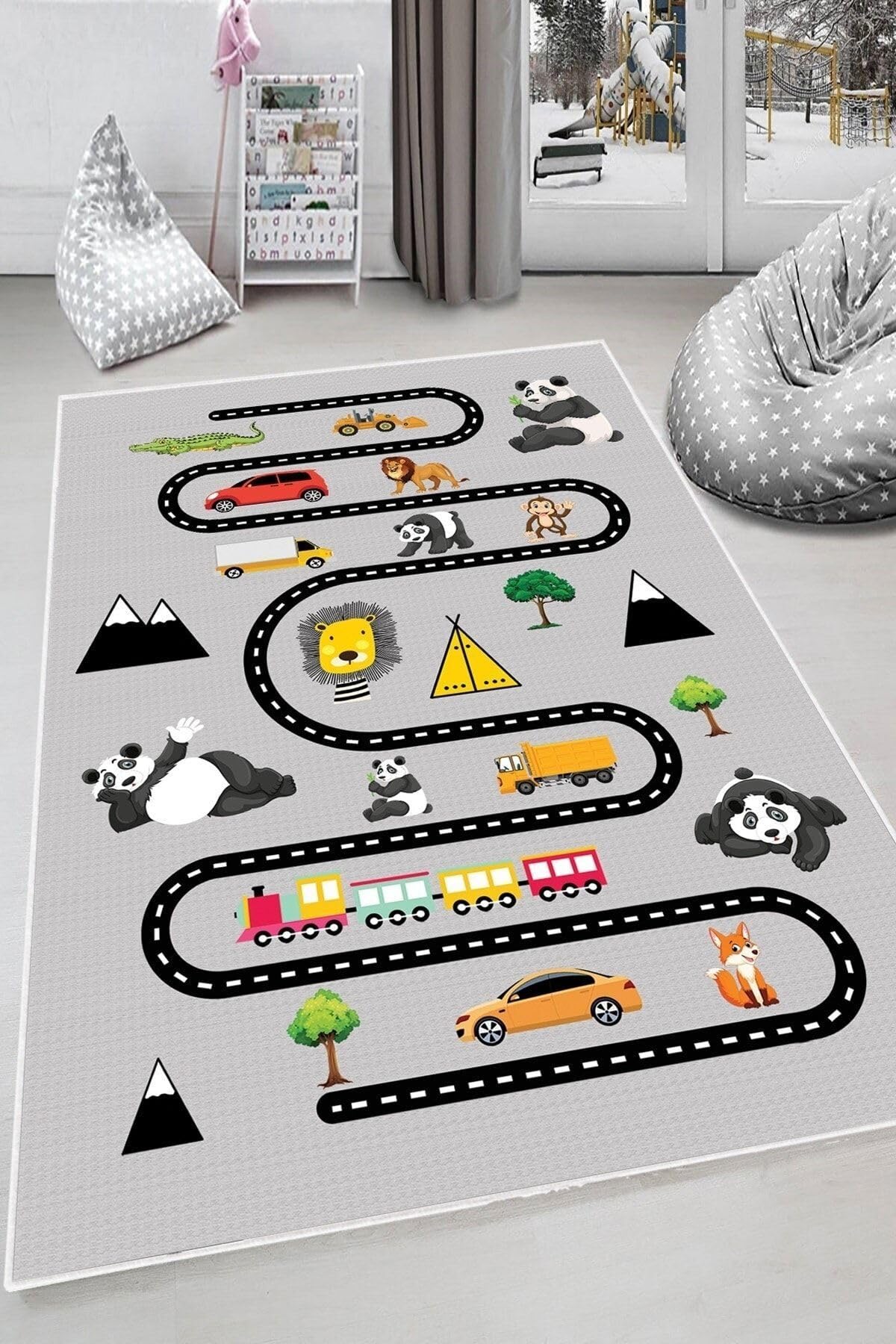 Pelangi Gri Trafik Yollu Ve Fiğürlü Yıkanabilir Kaymaz Taban Leke Tutmazbebek Ve Çocuk Odası Halısı, Gri-Siyah 80 x 600, 90135707980600