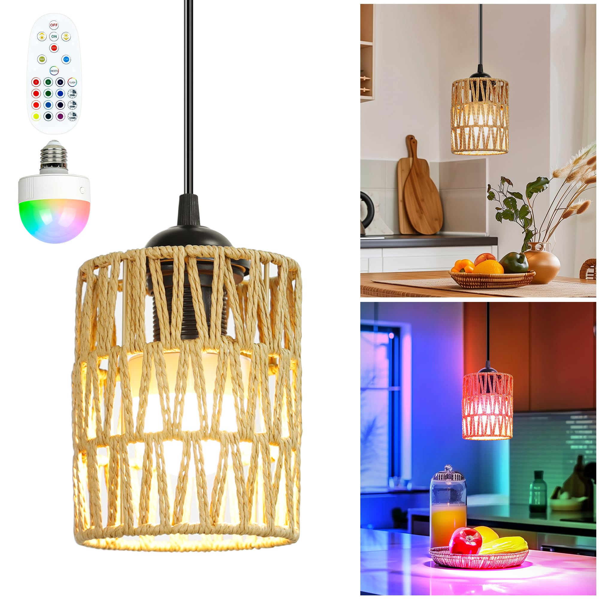 rerekiki Rechargeable Boho Pendant Lights for Kitchen Island, Wireless ...