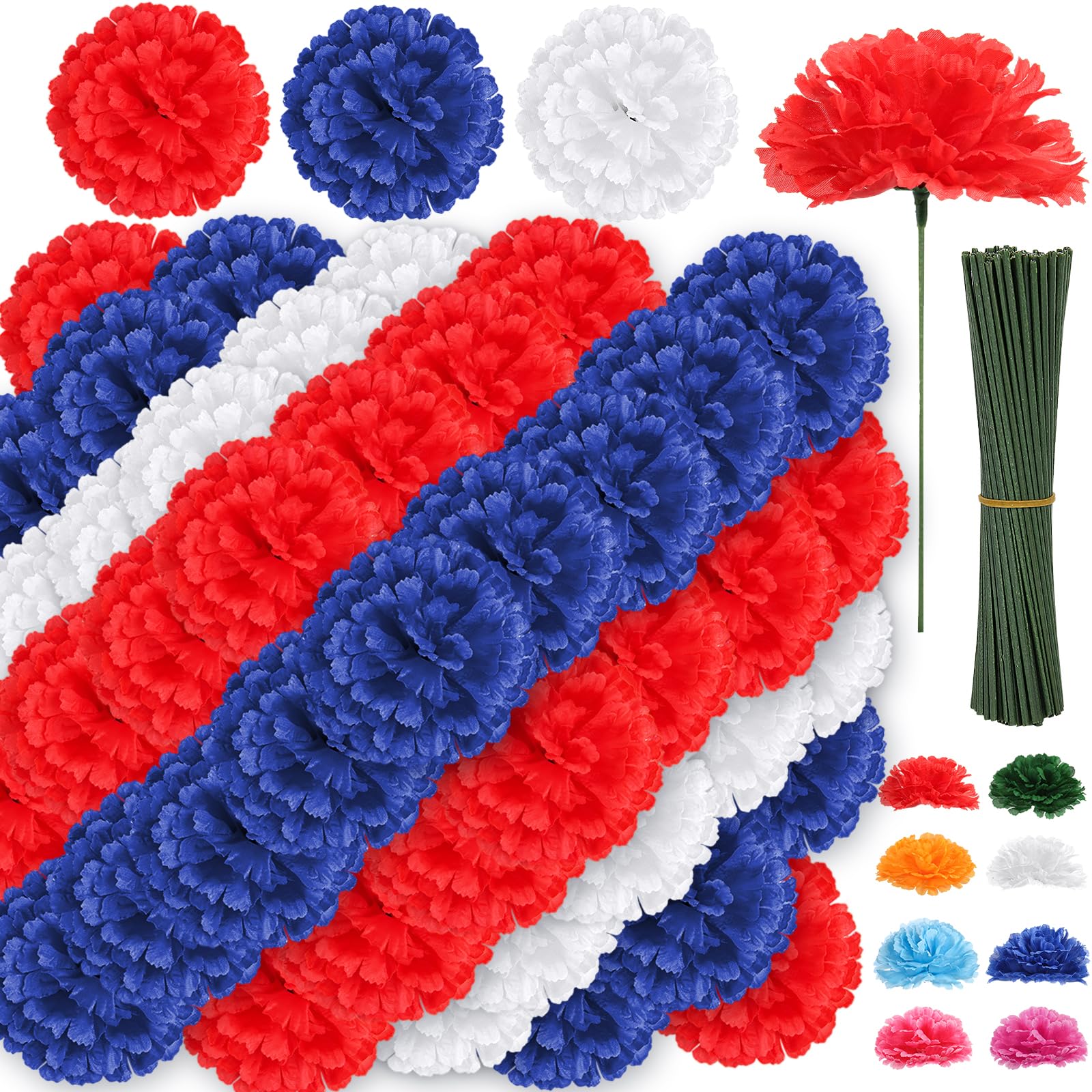 LELEE 108pcs Carnation Head with Stem - Red Blue White