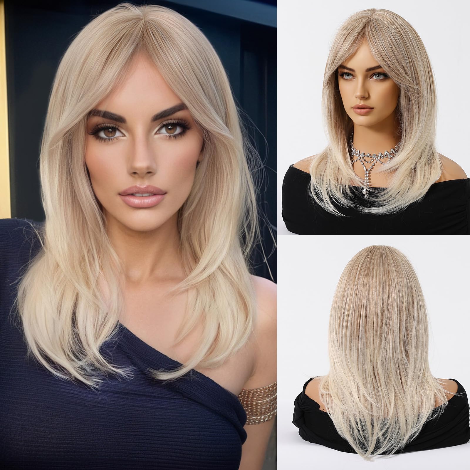 Long Layered Blonde Wigs Human Hair with Bangs Natural Wavy Heat Resistant for Women Daily Party Use Lightweight (Platinum Blonde,20Inch)