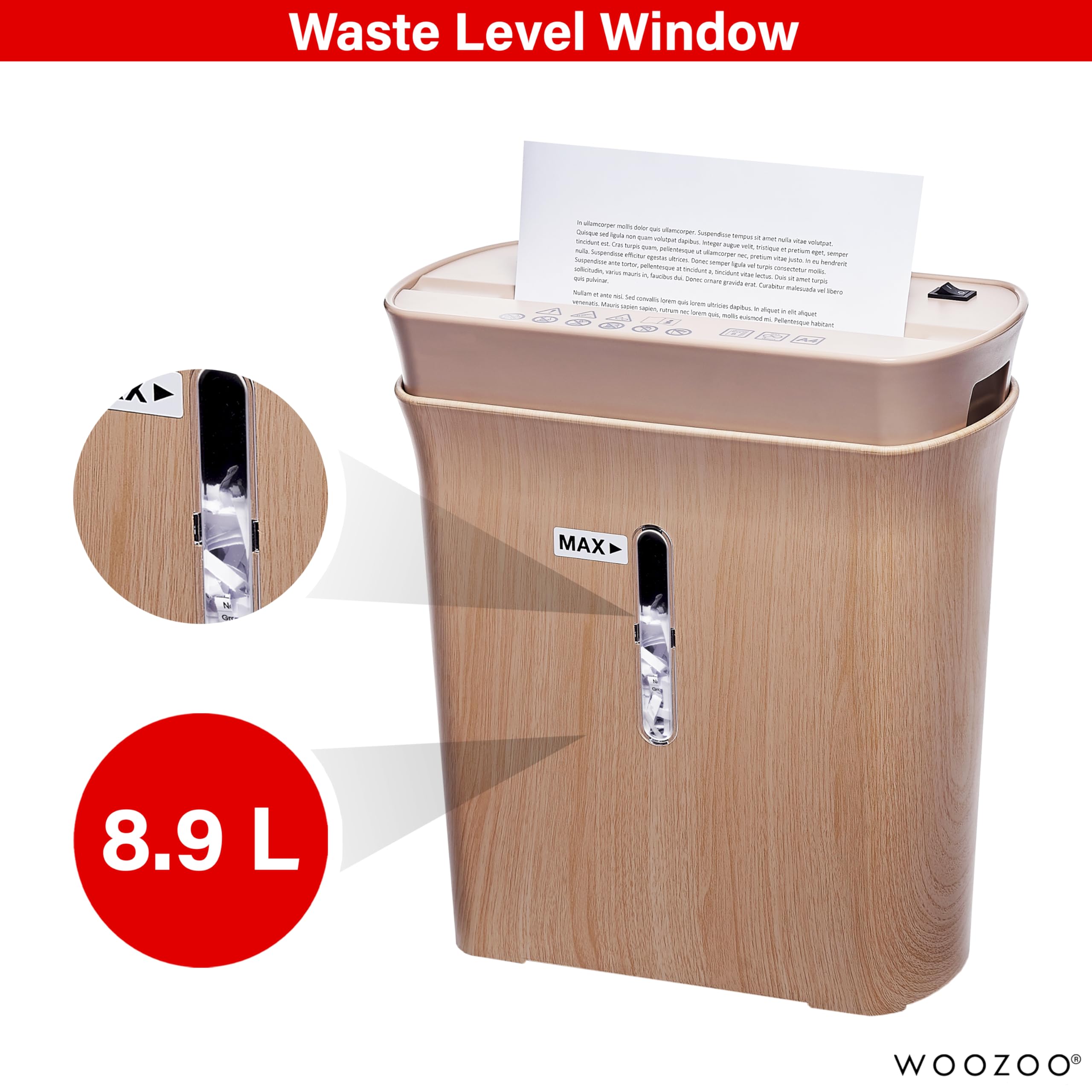 Woozoo, Distruggi documenti/distruggi carta, 8 fogli, Tecnologia trasversale, Cestino da 8,9 l, Carta A4 - Personal Shredder Cross Cut P8GCD - Colore del legno