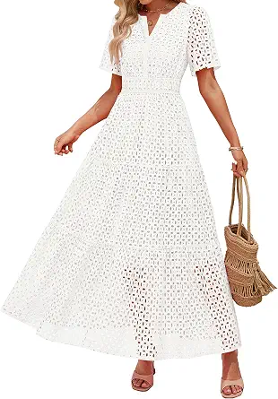 ZESICA Women's Summer Casual V-Neck Eyelet A-Line Maxi Dress