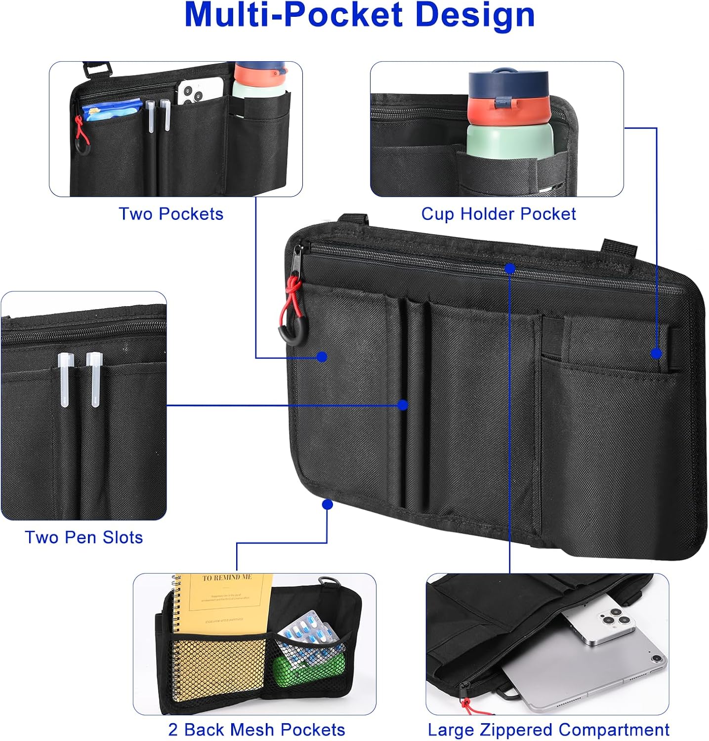 Wheelchair Side Bag with Cup Holder, Premium Wheelchair Armrest Pouch Accessories for Adults，Wheelchair Bags for Walkers, Rollators, Electric Wheelchairs (Black)