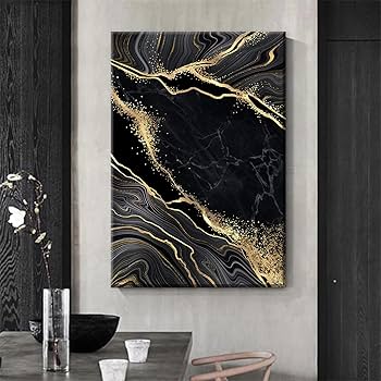 【美品】ITALY　輸入　絵画　高級印刷画　　特大額装　大理石アート Amazon｜ゴールドマーブルキャンバスウォールアート 黒と金の抽象画