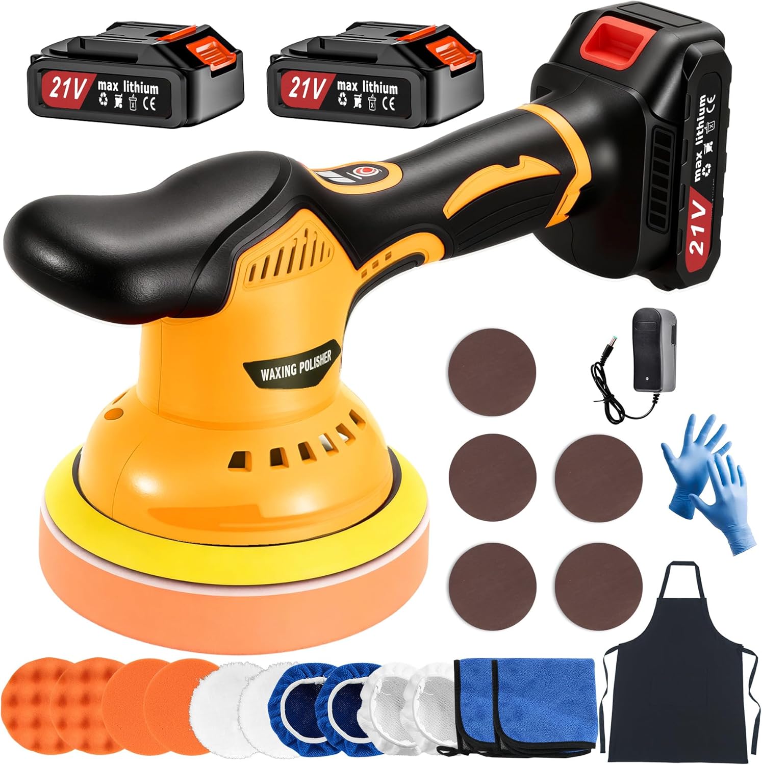 Cordless Car Buffer Polisher, 6 Inch Orbital Polisher Kit with 2x21V Batteries & 21 PCS Attachments, 8-Speed Variable Max 6000RPM Buffer for Car Detailing, Polishing, Waxing, Scratch Removing