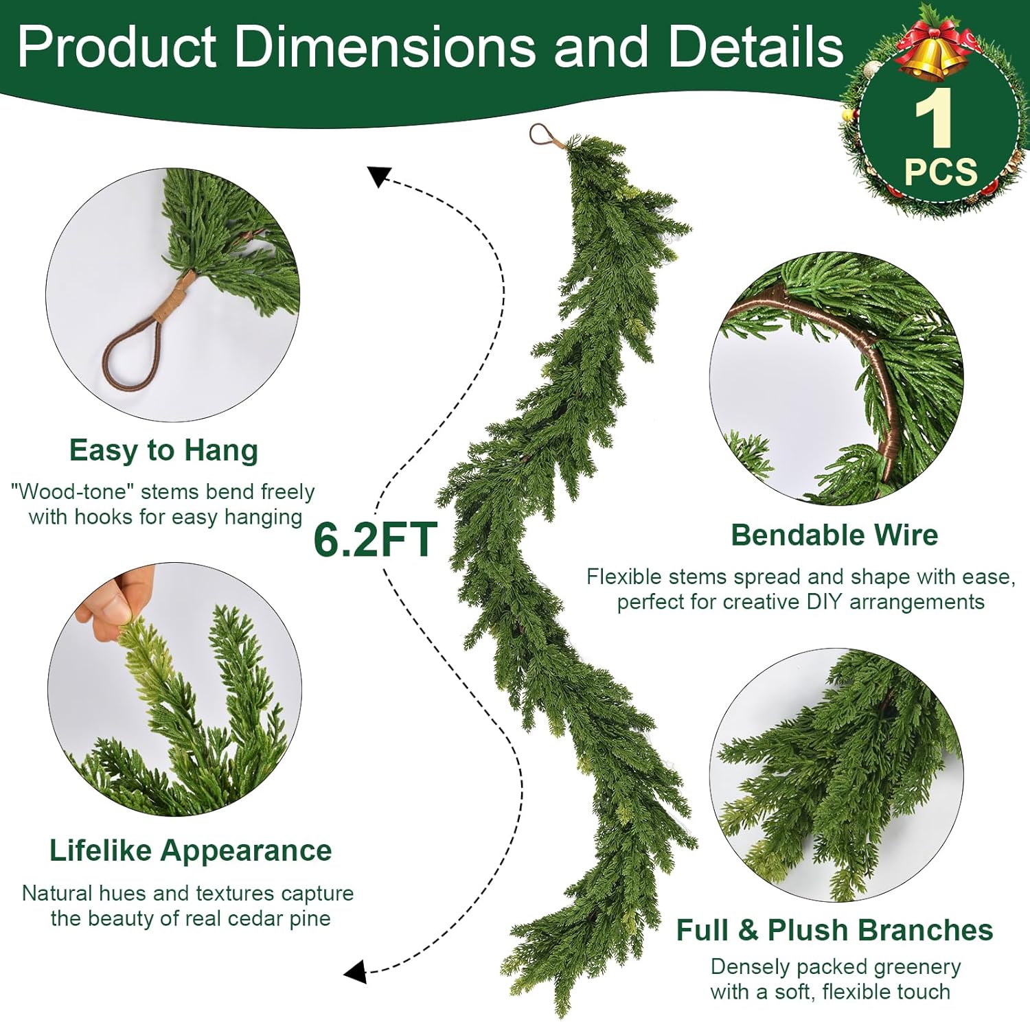 6.2FT Real Touch Christmas Cedar Garland Artificial Realistic Thick and Lush Faux Green Pine Garlands, Christmas Garland for Mantle, Fireplace, Table, Outdoor Indoor Christmas Decorations