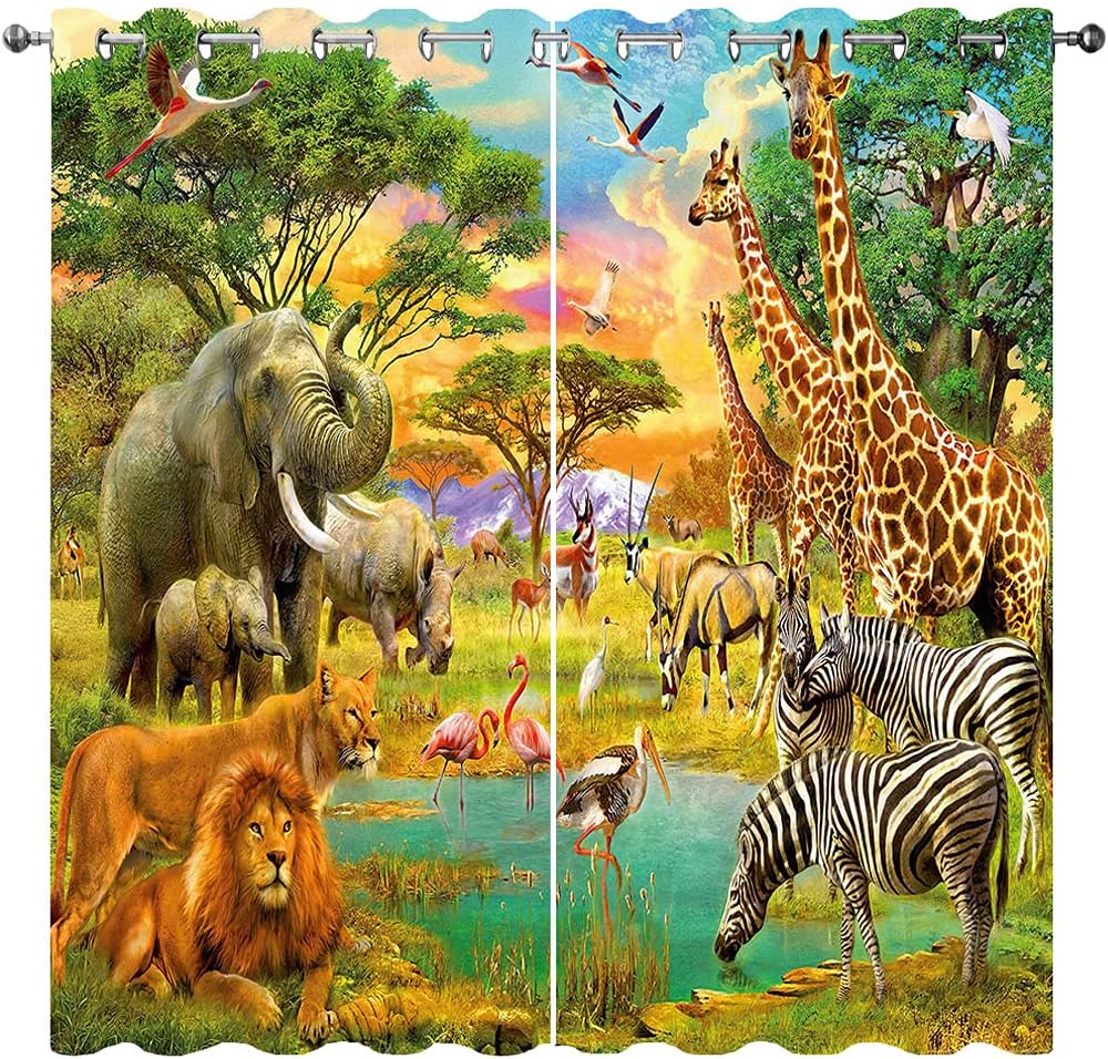 Africa Animal Curtains - Rhino Flamingo Lion Zebra Giraffe Family 3D Patterns Microfiber Blackout Fabric Eyelet Window Drapes for Kids Bedroom Set of 2 Panels W140cm x D183cm