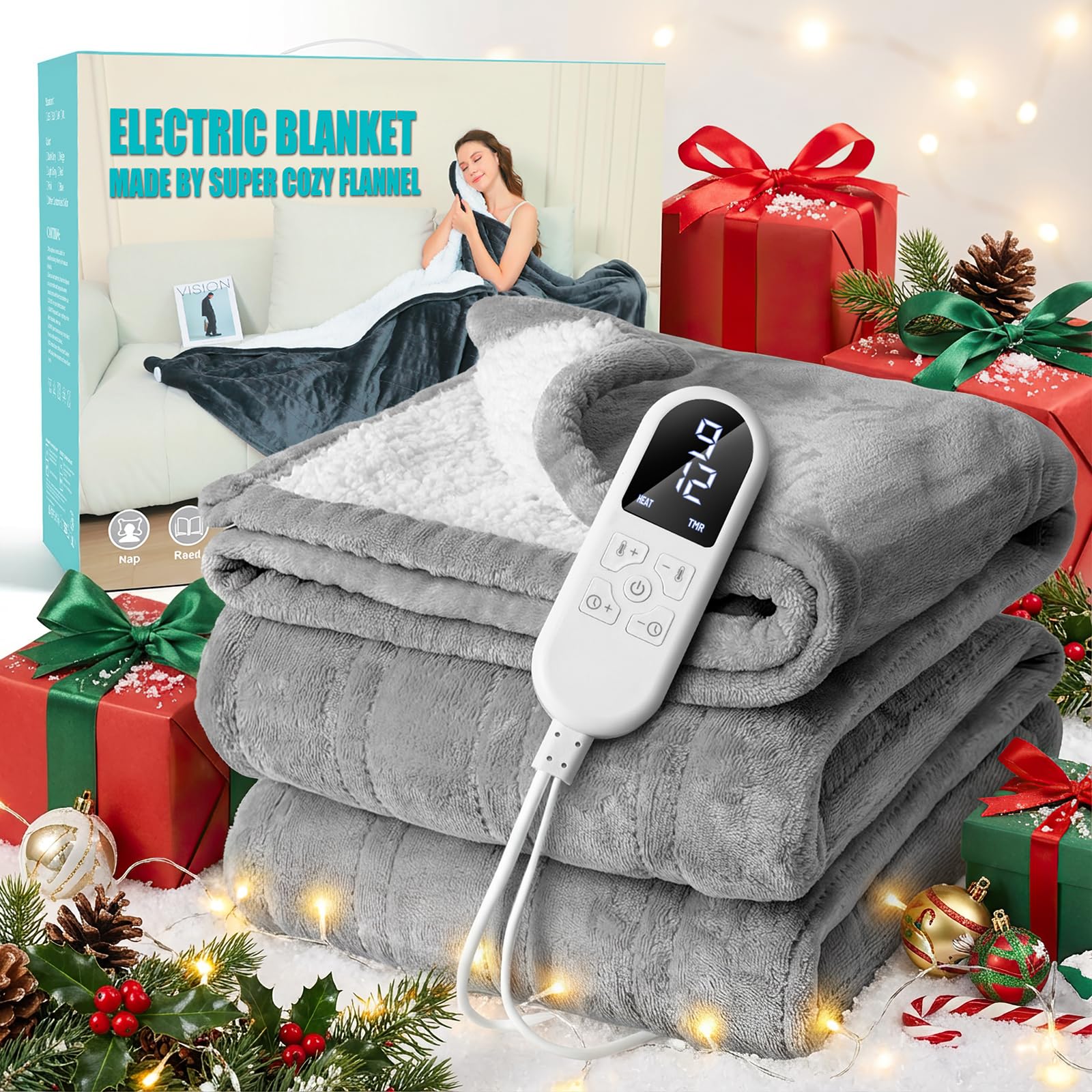 Electric Blanket with Auto Shut Off, 130 x 180 cm, 8 Heat Levels up to 55°C and 12 Hours, Auto Shut-Off Timer, Overheat Protection, Double Sided, Bed Blanket