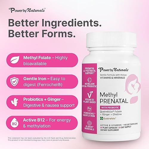 Miniatura 3 de Power By Naturals Metil prenatal con probióticos - Vitaminas prenatales para mujeres con hierro, folato de metilo, jengibre, B12 activo y 27+