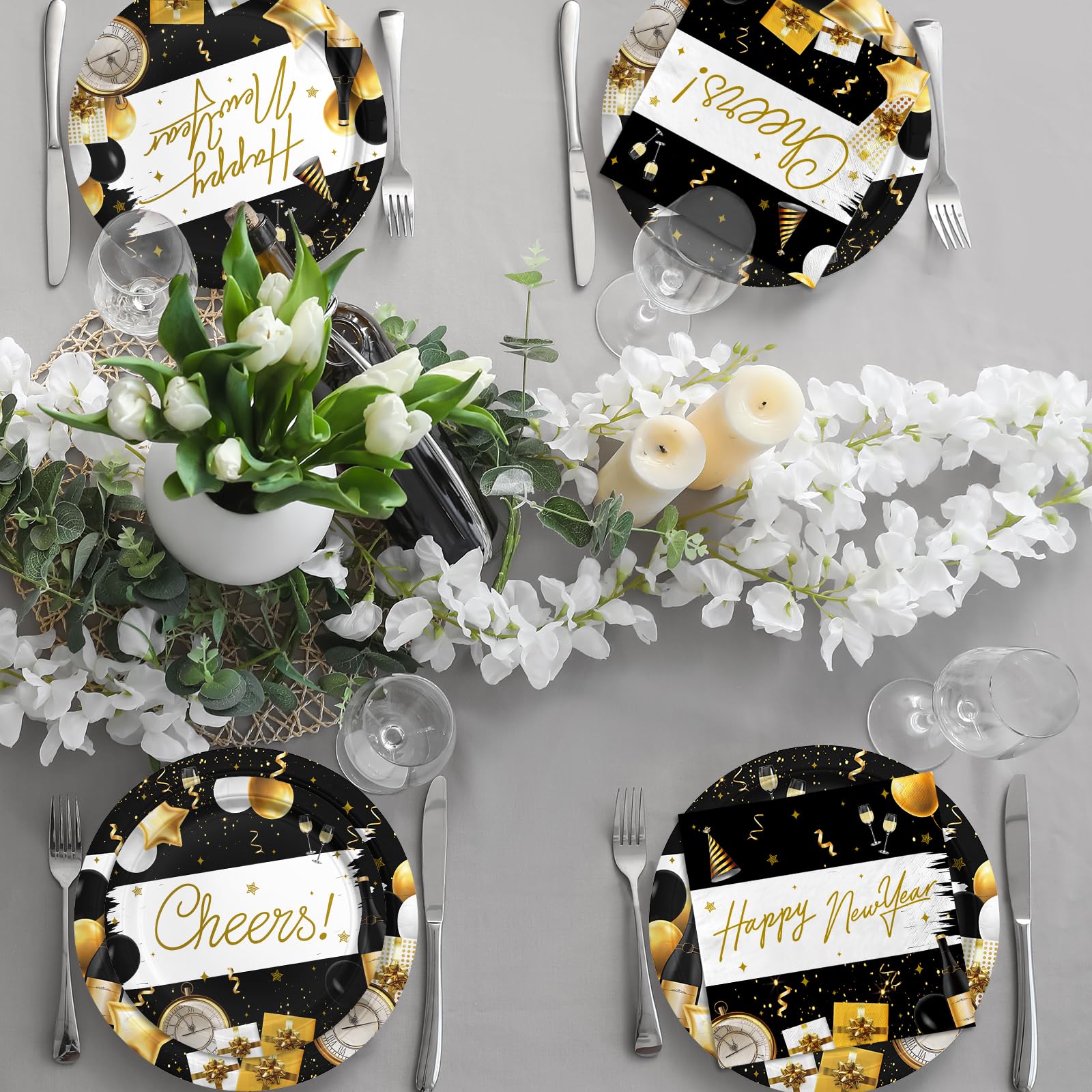 Kit de celebración de Año Nuevo 2024: suministros de fiesta para 50 invitados con platos y servilletas desechables decorativos, perfecto para celebrar el Año Nuevo