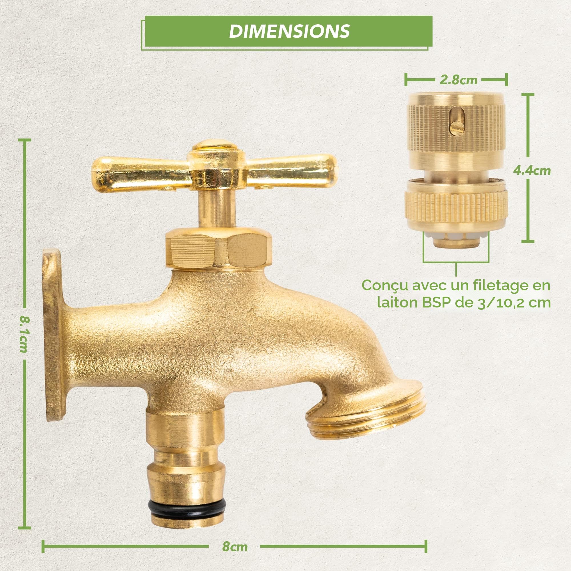 BLOSTM Robinet de tuyau en laiton massif – Kit de robinet extérieur avec robinet à bavette, connecteur rapide de 1,2 cm, vis et chevilles – Robinet n'importe où pour un accès pratique à l'eau
