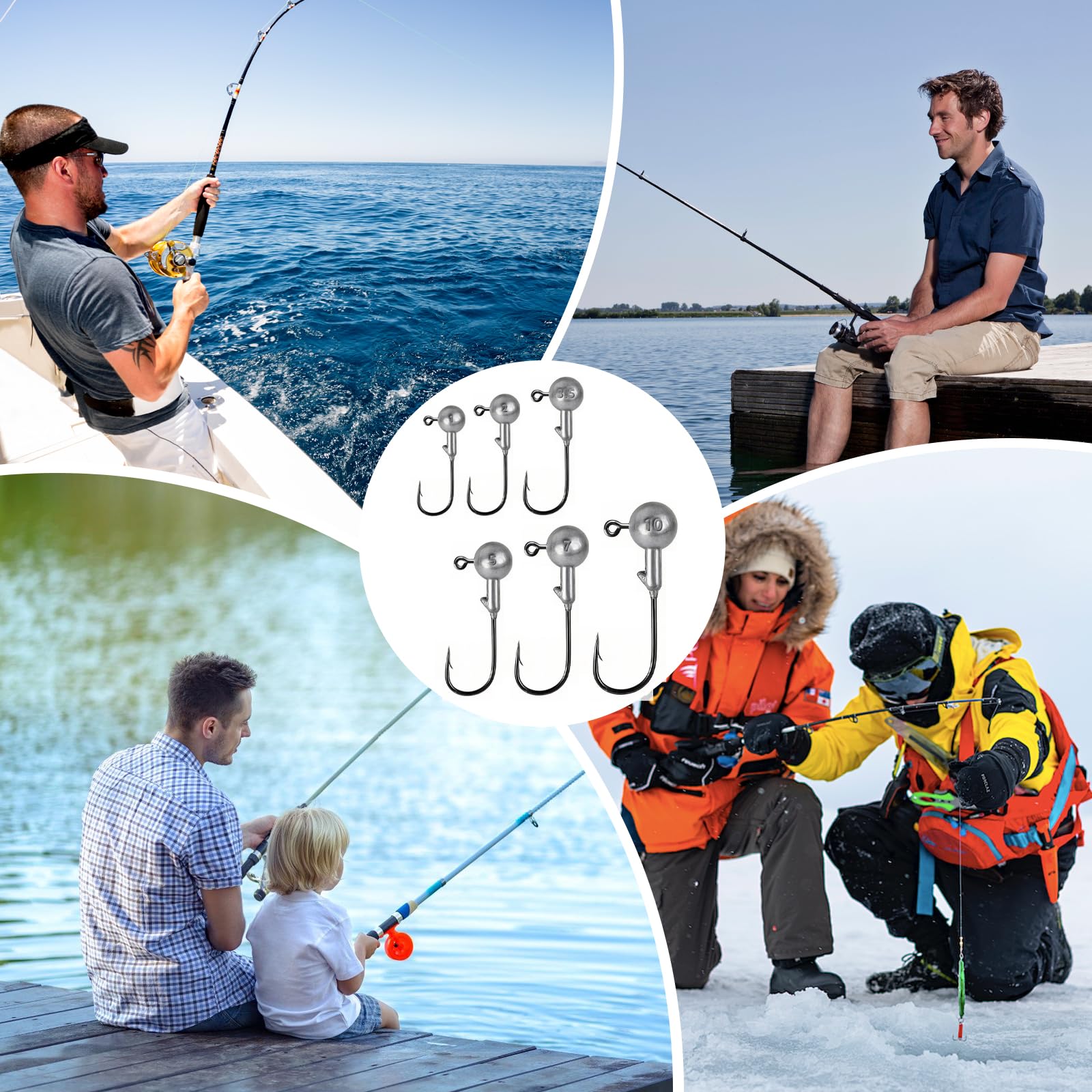 Anzuelos de Pescas Set, 52 Piezas Unidades Anzuelos con Round Jighead 6 Tamaños (1g/2g/3,5g/5g/7g/10g), Jigköpfe Angelhaken para el Cebo Suave, Pesca de Trucha de Lubina