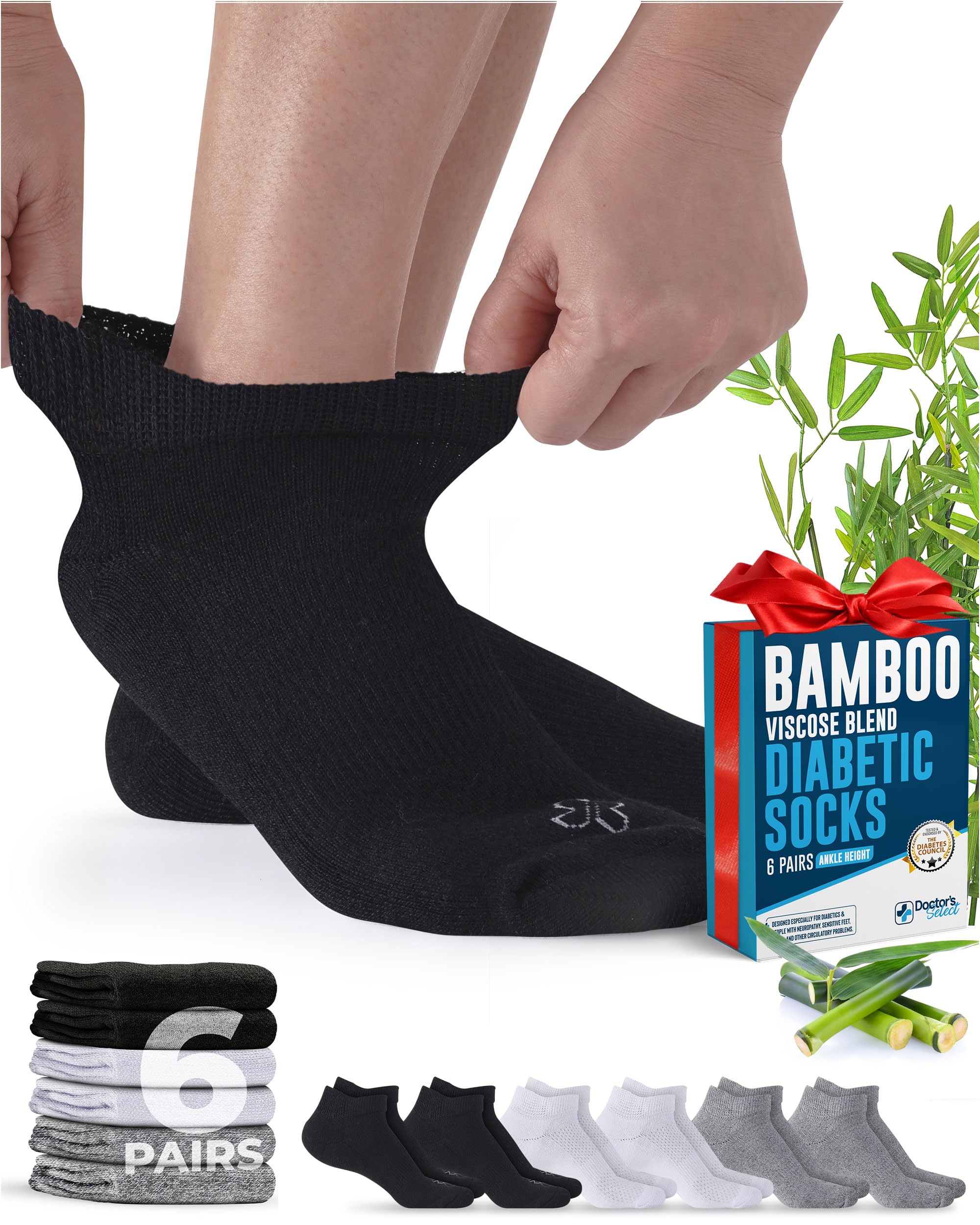 Doctor's Select Viscose Bamboo Ankle Diabetic Socks for Women and Men - 6 Pairs | Super Soft, Non Binding, Loose Wide Top