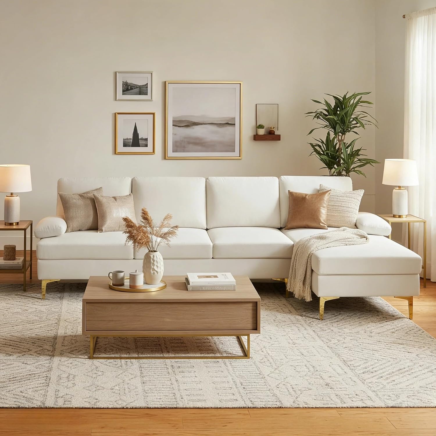 L-Shaped Sectional Sofa with Golden Legs, 99 Inch Couch with Right Facing Chaise, Modern Upholstered Living Room Furniture, Off-White