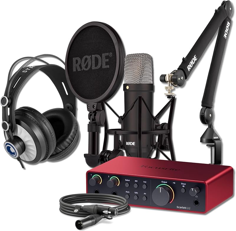Rode NT1 Signature Black Condenser Microphone Bundle with PSA1+ Studio Boom Arm, Focusrite Scarlett 2i2 (4G), and Cans50 Headphones — 4 dBA XLR Studio Mic for Singing, Vocal Recording, Voice Over