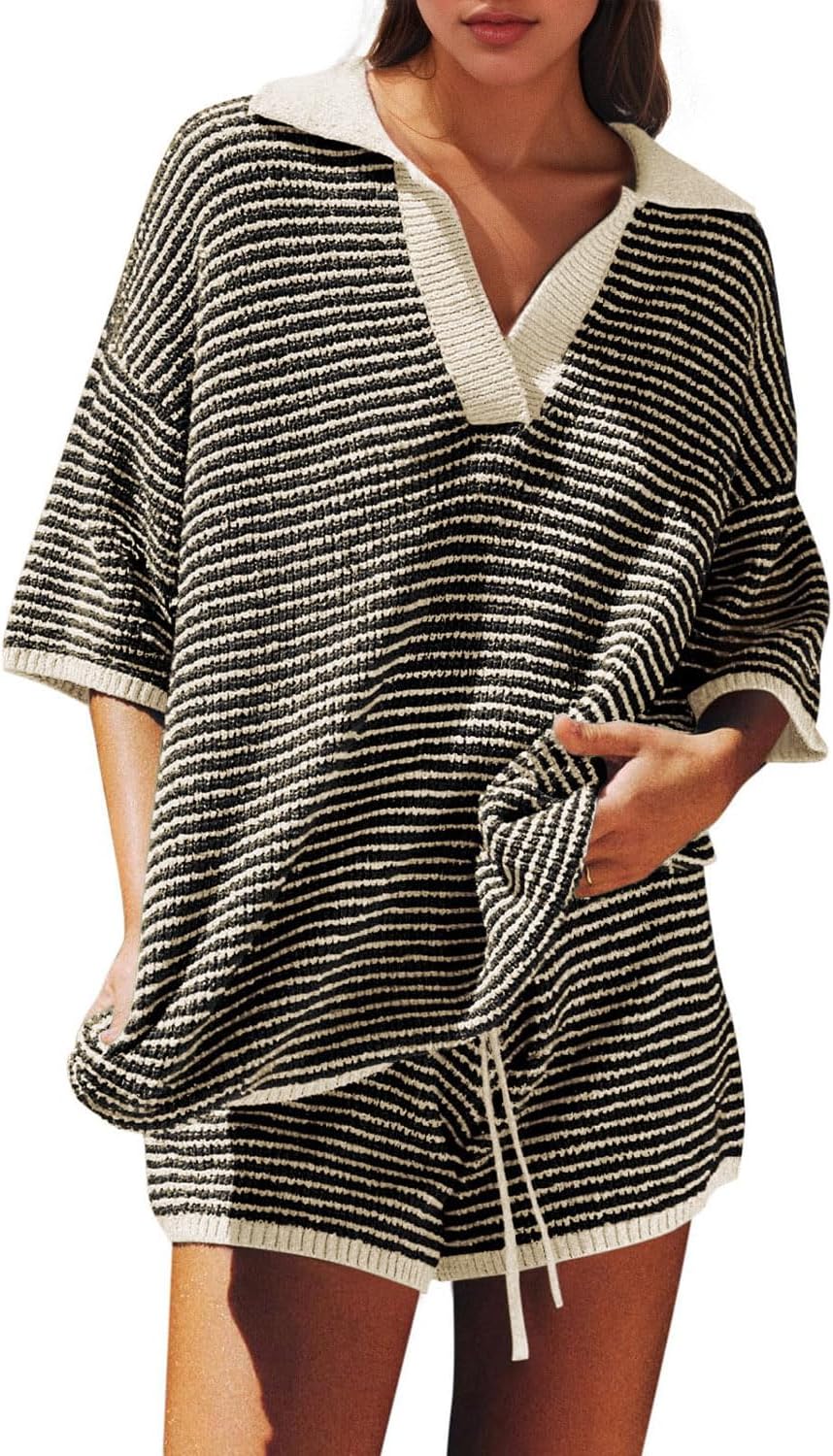 Dokuritu Womens Short Sets 3/4 Sleeve Striped Oversized Sweater Set Casual V Neck Knit Tops High Waisted Shorts Two Piece Set Black-beige Medium