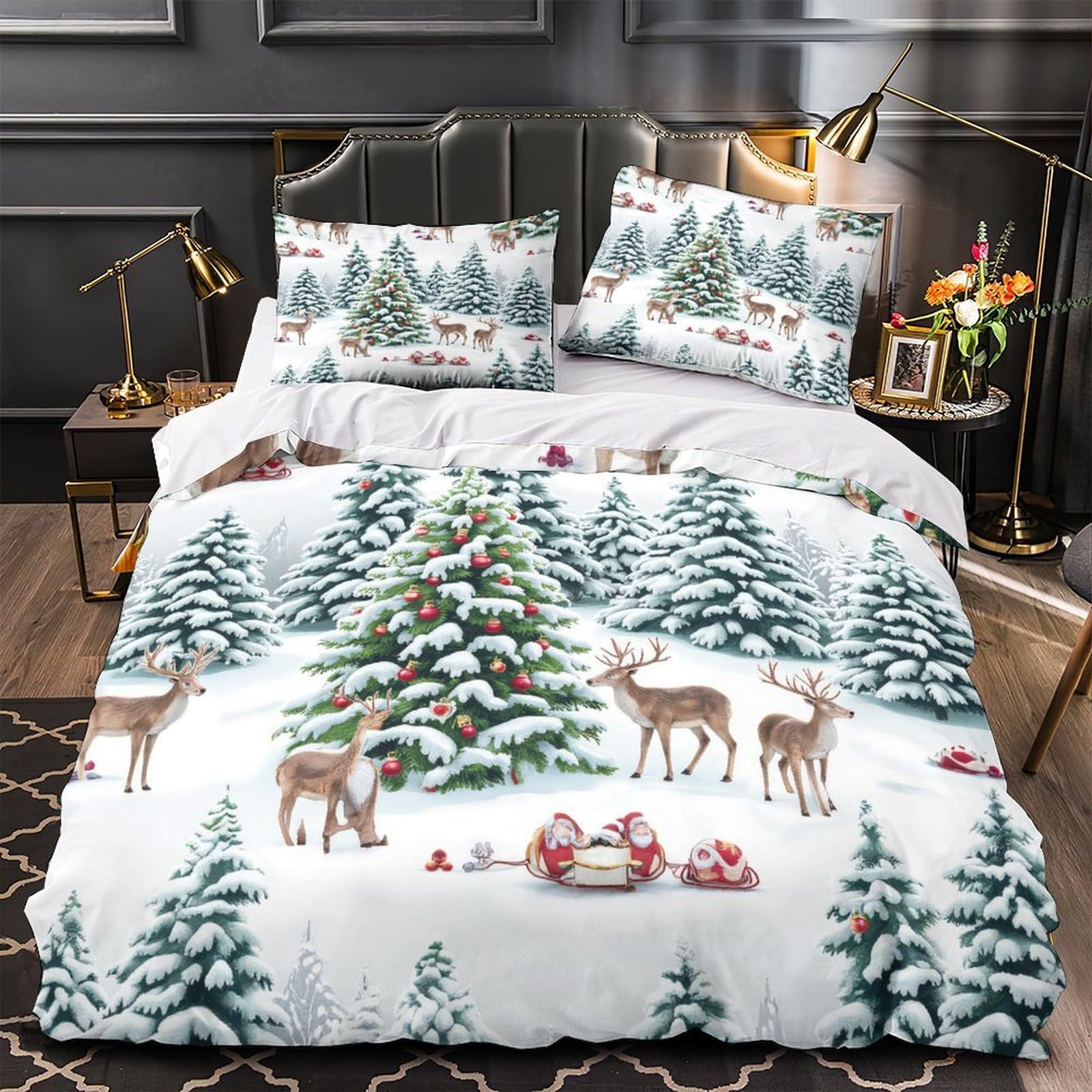 Housse de couette chiot de Noël microfibre anti-acariens parure de lit zippée 260x220cm anti-pli