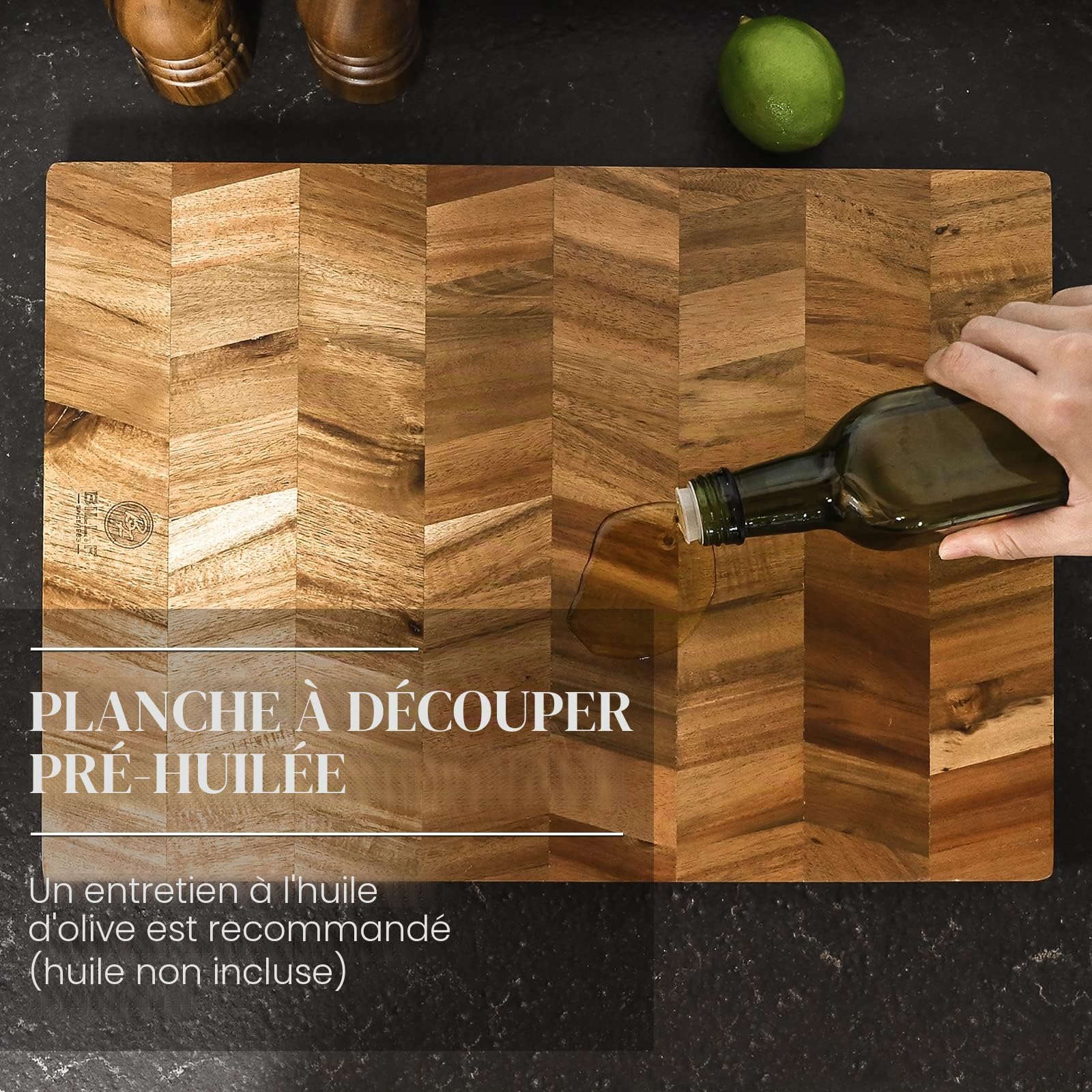 Planche à découper en bois d'acacia 36 x 24 x 2,5 cm, planche à découper en bois avec grain fin, grande planche à découper en bois de qualité professionnelle
